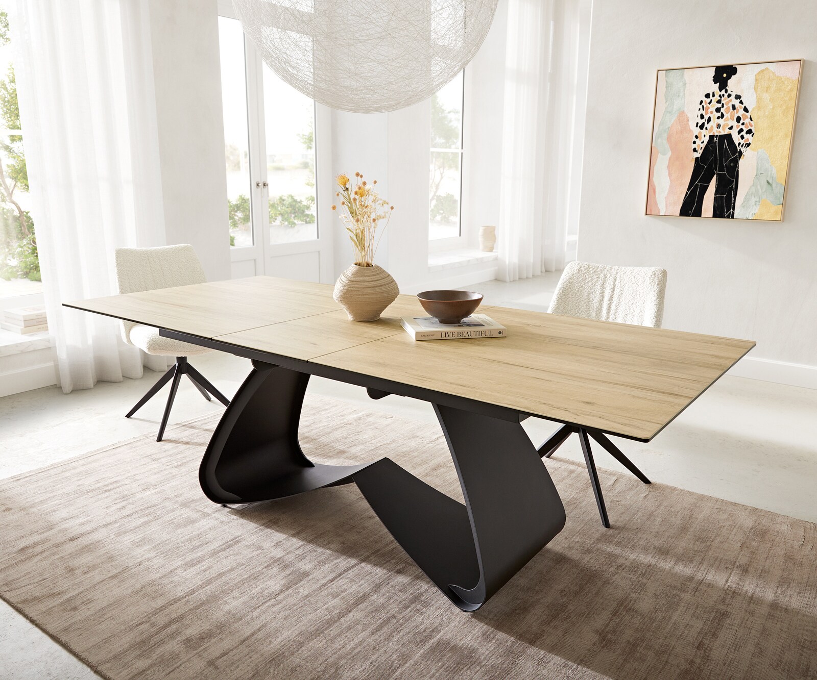 Stół do jadalni Edge 180-220x100 cm ceramika Laminam® Sabbia kolor dębu rama W czarna rozkładany 1