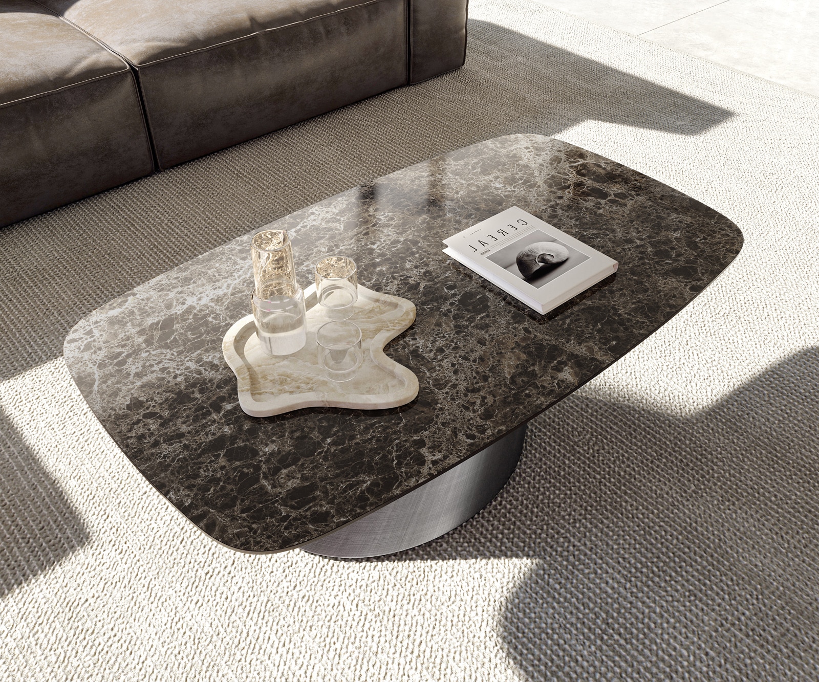 Stolik kawowy Edge w kształcie beczki 120x70 cm ceramika Laminam® Emperador Extra Lucidato ciemnobrązowy Conis srebrny metaliczny 3