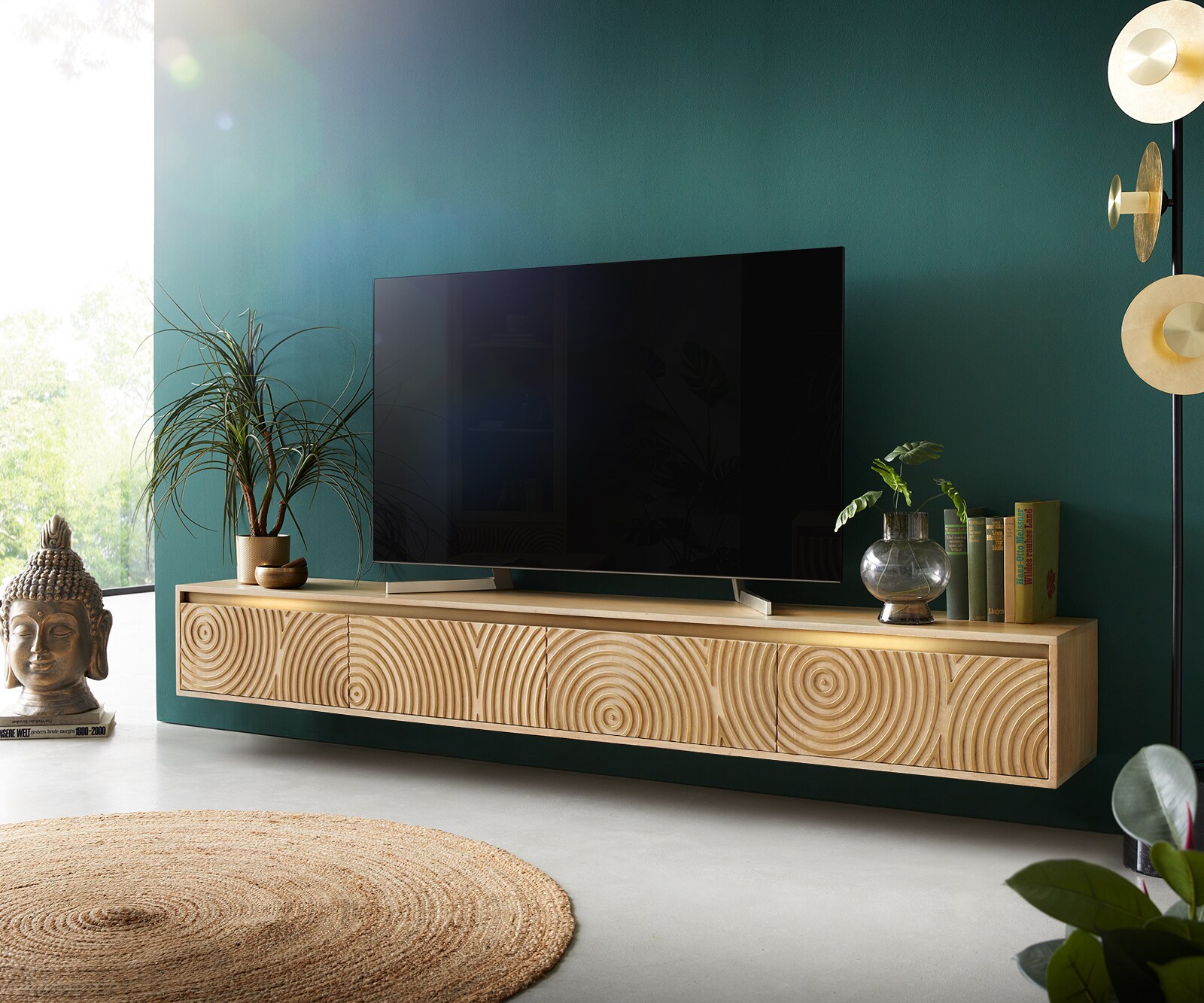 Szafka RTV Budaya 220 cm mango naturalne 4 drzwi podwieszana