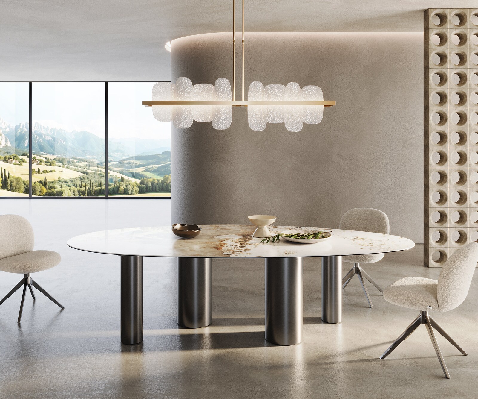 Stół do jadalni Edge owalny 280x130cm ceramika Minas Melange biało-beżowy rama Pilier stal nierdzewna kolor grafitowy 1