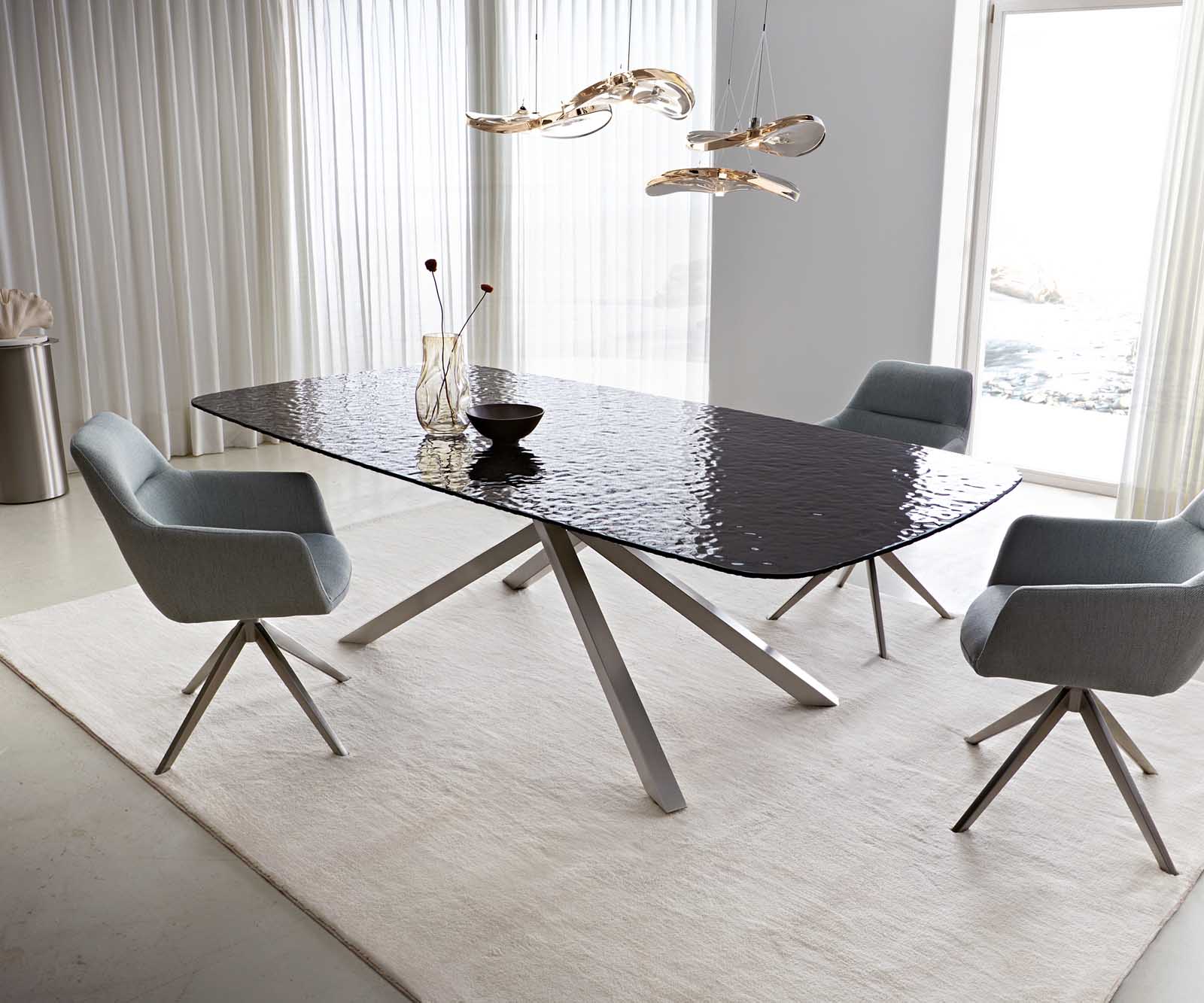 Stół do jadalni Edge kształt beczki 240x120cm szkło reliefowe czarne efekt 3D rama Cross stal nierdzewna 1