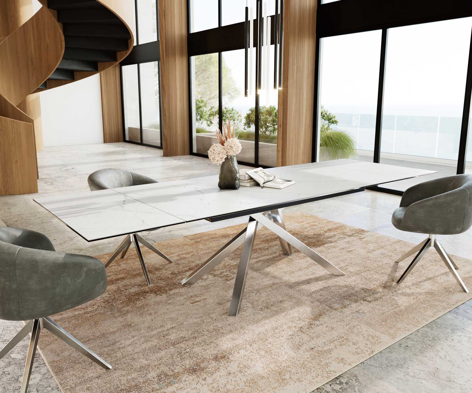 Stół do jadalni Edge 200-300x100 cm ceramika Laminam® Statuarietto biały rama Cross stal nierdzewna rozkładany 8