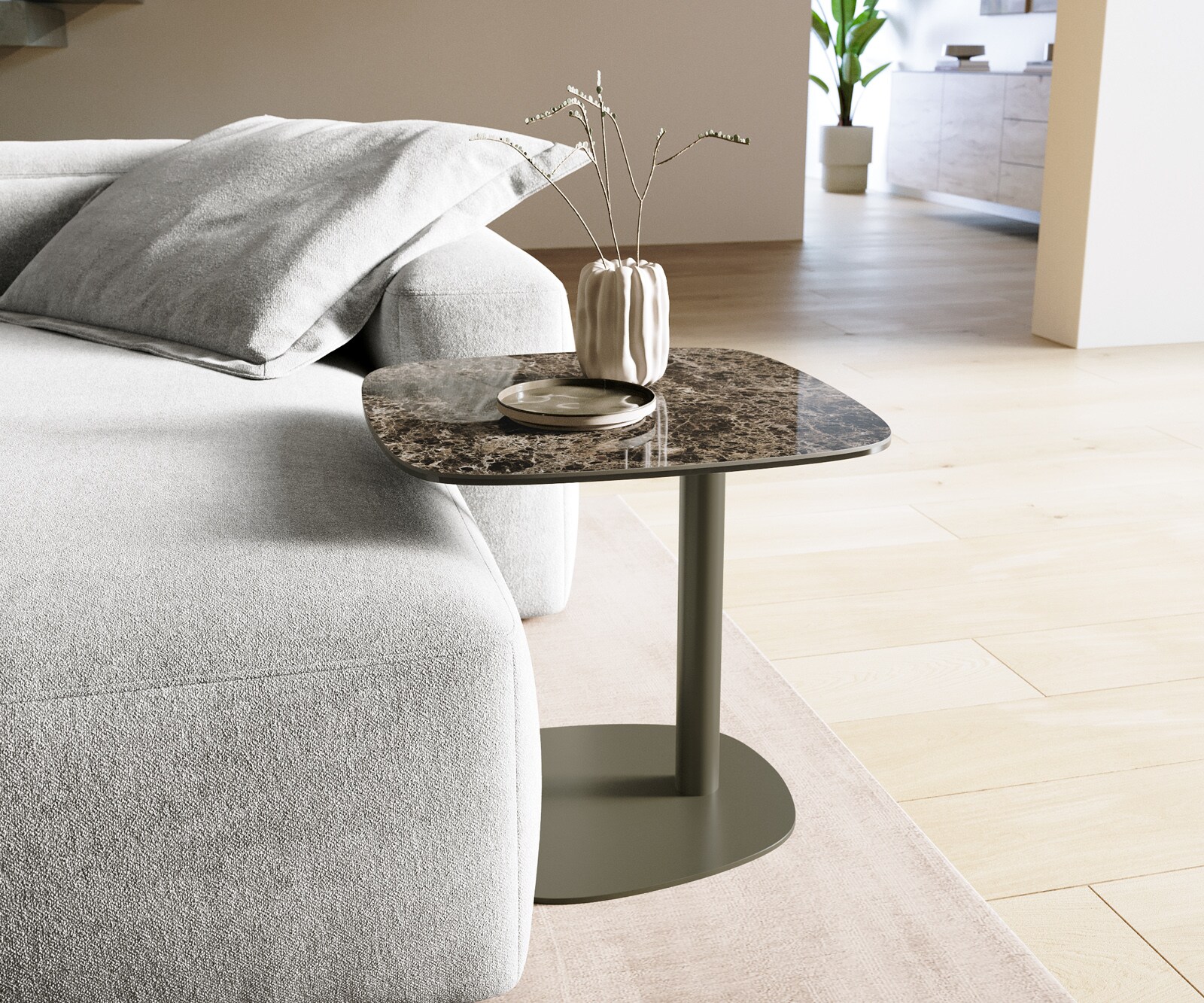 Stolik kawowy Edge w kształcie beczki 50x50 cm Laminam® Emperador Extra Lucidato ciemnobrązowy podstawa Eleny metal w kolorze tytanu 1