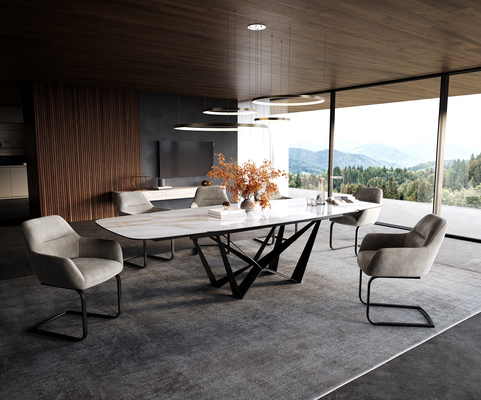 Stół do jadalni Edge w kształcie beczki 200-300x120 cm ceramika Onyx Pearl rama Spider czarna rozkładany 6