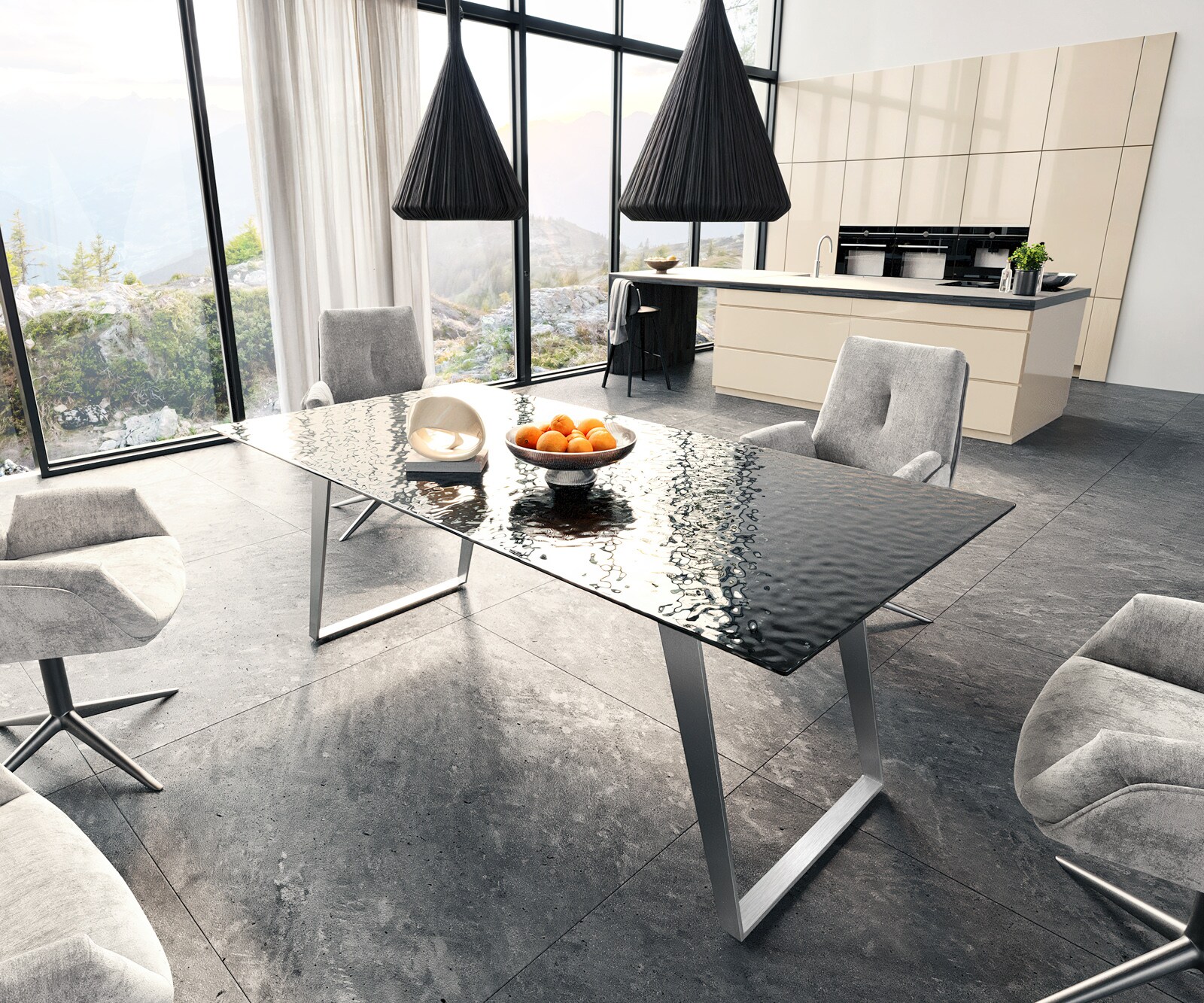 Stół do jadalni Edge 200x100 cm szkło reliefowe czarne efekt 3D stal nierdzewna pochylona rama