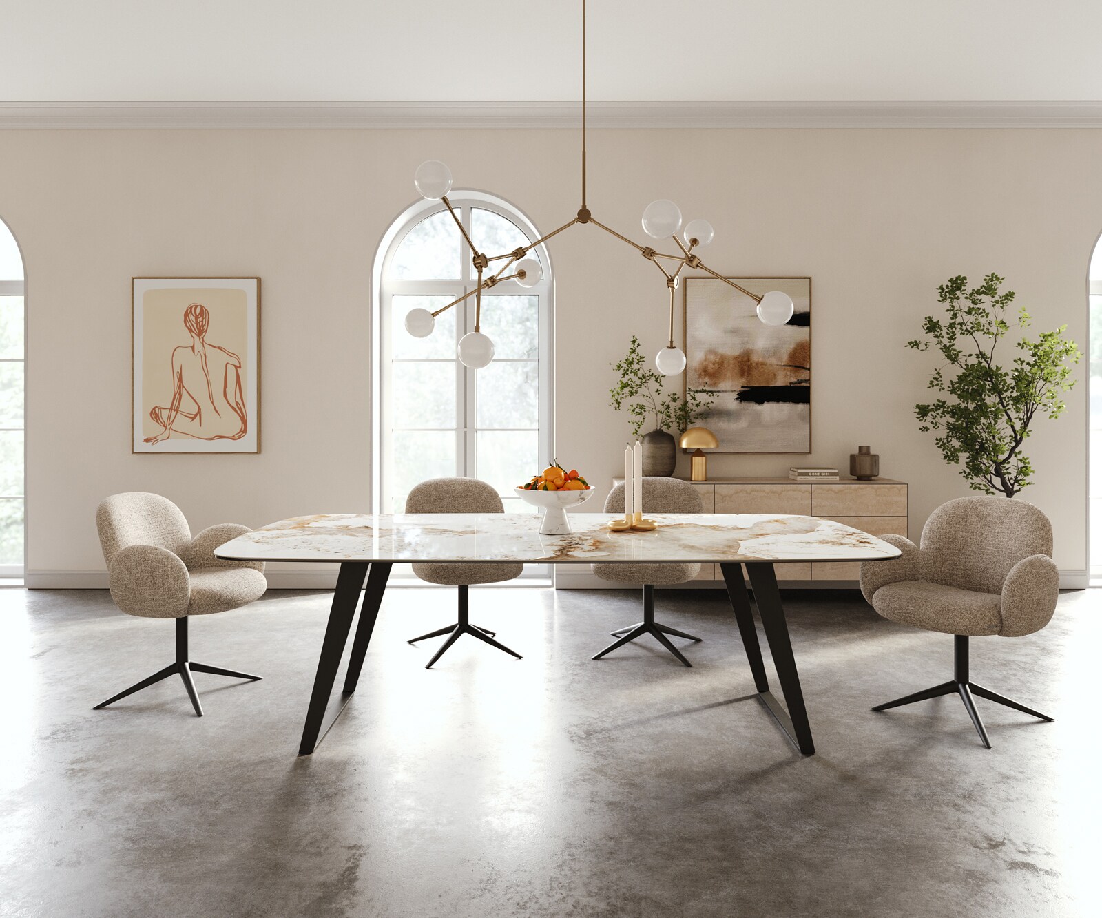Stół do jadalni Edge w kształcie beczki 240x120 cm ceramika Minas Melange biało-beżowa rama pochylona metal czarny 1