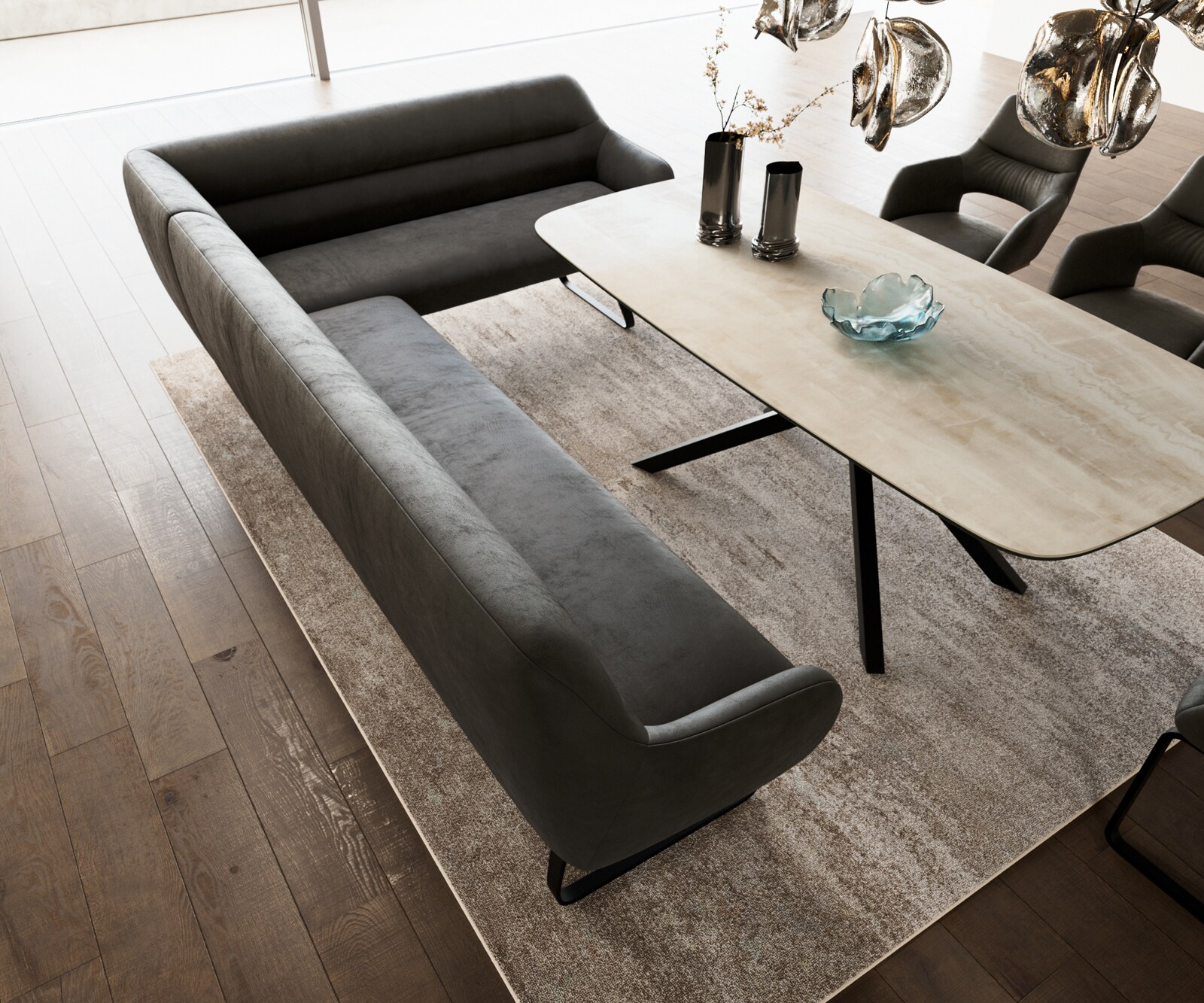 Ławka do jadalni Taya-Flex 285x190 cm mikrofibra antracytowy vintage podstawa płozowa płaska metal czarny sprężyny kieszeniowe lewa 4