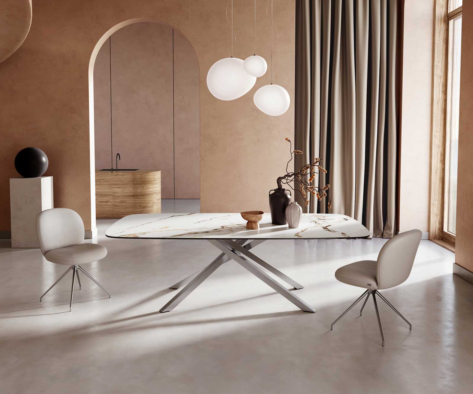 Stół do jadalni Edge kształt beczki 240x120cm ceramika Calacatta Luxe biało-złoto-szary rama Cross stal nierdzewna