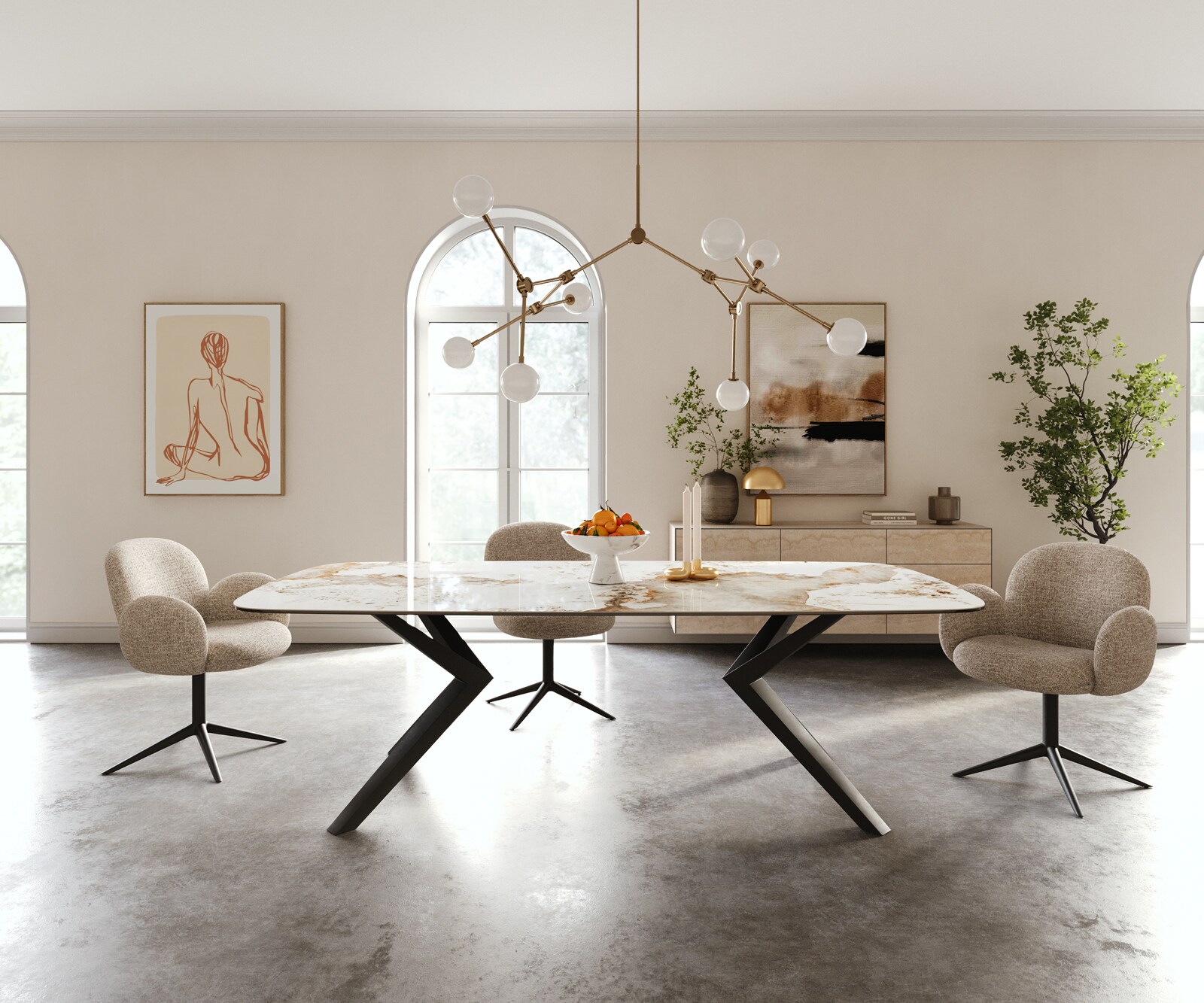 Stół do jadalni Edge w kształcie beczki 240x120 cm ceramika Minas Melange biało-beżowa rama Zenthara metal czarny 1