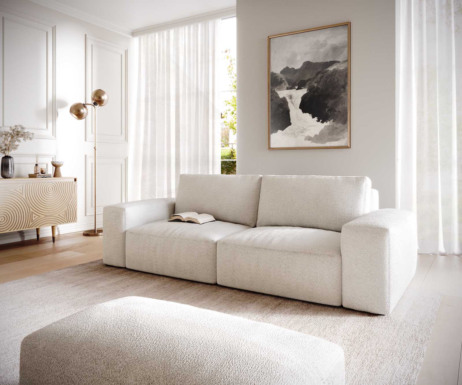 Duża sofa Lanzo L 250x105 cm bouclé kremowo-biały z pufem