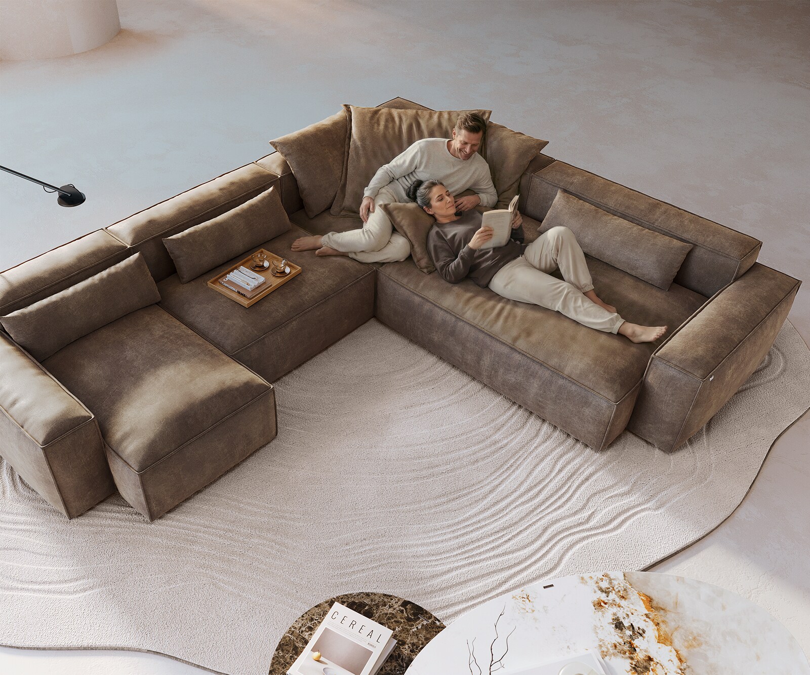 Sofa w kształcie litery U Freestyle 360x290 cm mikrofibra szaro-brązowa vintage z lamówką 3