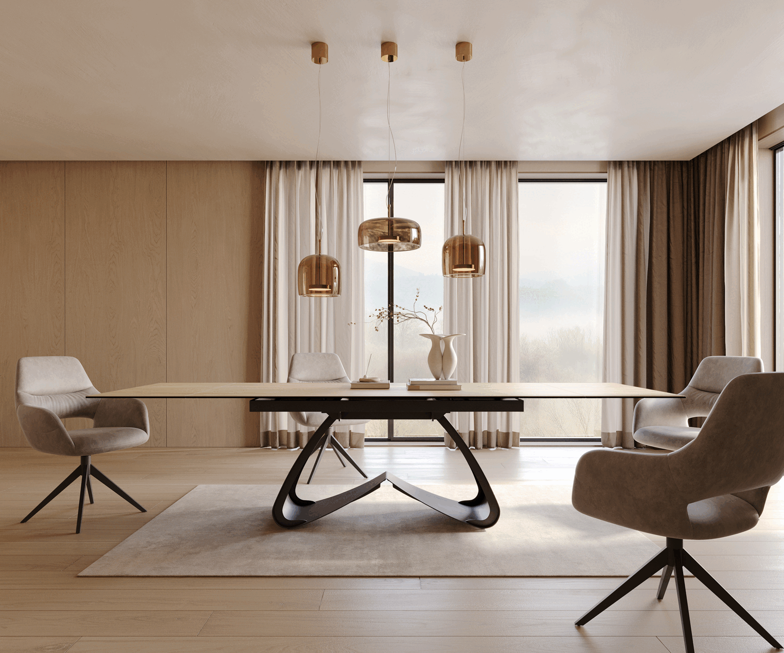 Stół do jadalni Edge 200-300x100 cm ceramika Laminam® Sabbia kolor dębu rama W czarna rozkładany 2
