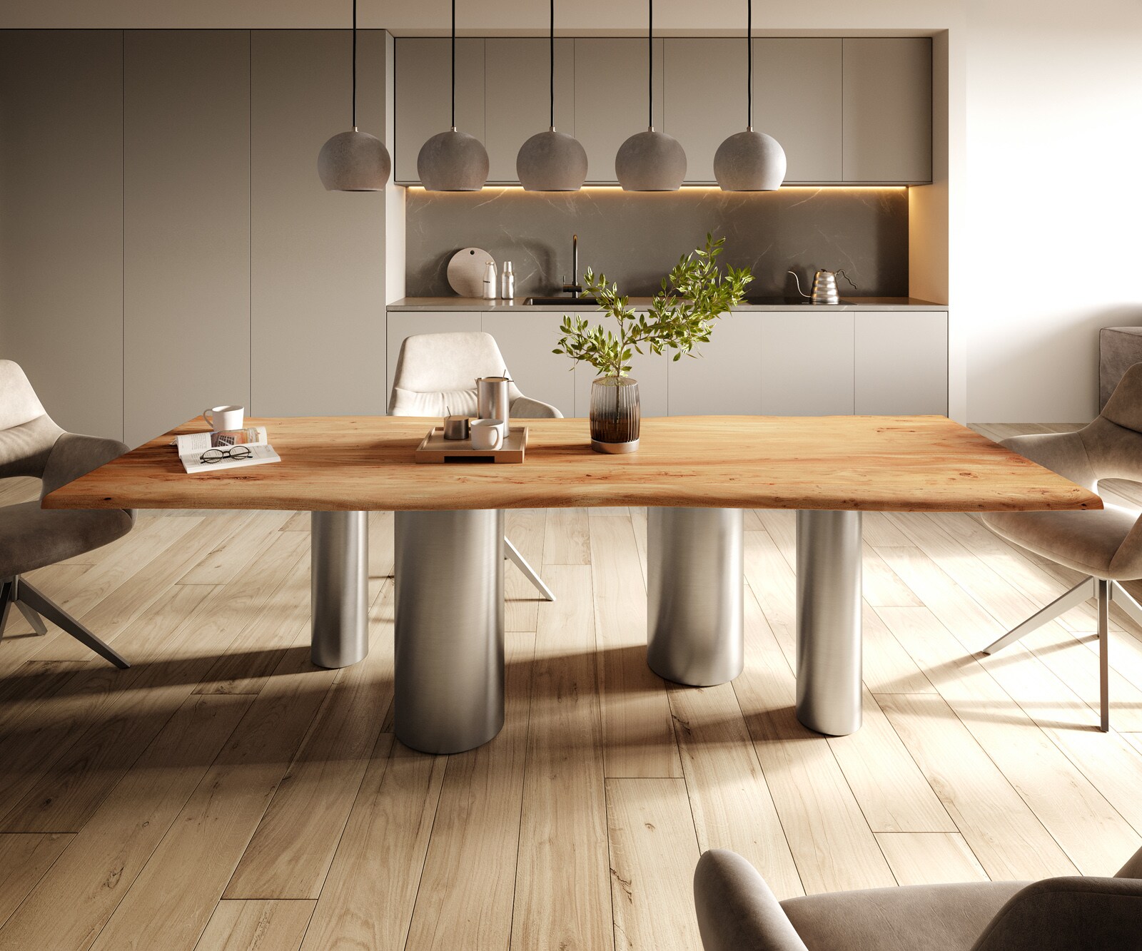 Stół do jadalni Edge 260x100 cm akacja naturalna rama Pilier stal nierdzewna szczotkowana 2