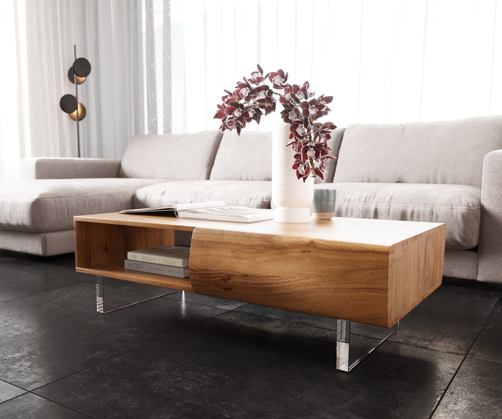 Stolik kawowy New Live-Edge 115x60 cm akacja naturalna 2 szuflady 1 przegroda nóżki wąskie metal czarny 2