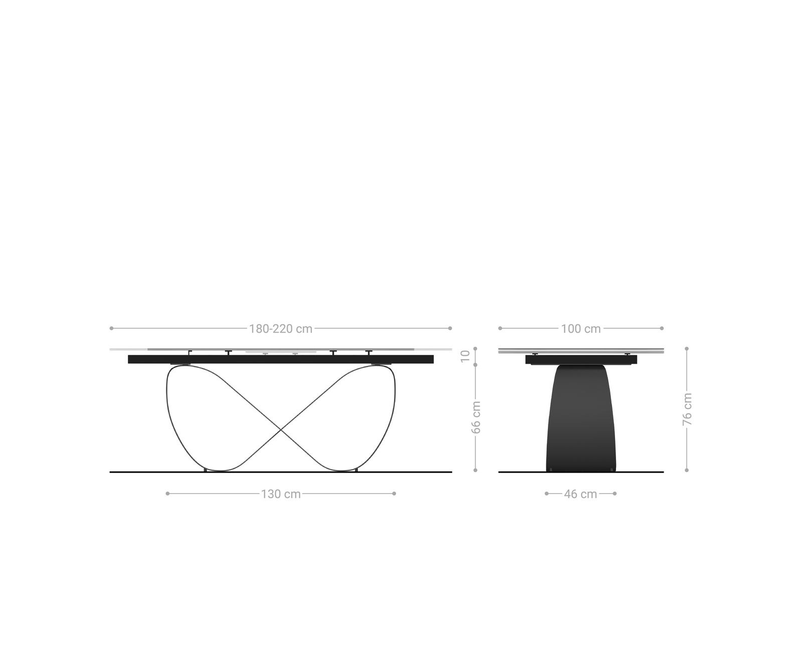 Stół do jadalni Edge w kształcie beczki 180-220x100 cm ceramika Minas Melange biało-beżowa rama Infinity metal w kolorze tytanu rozkładany 8