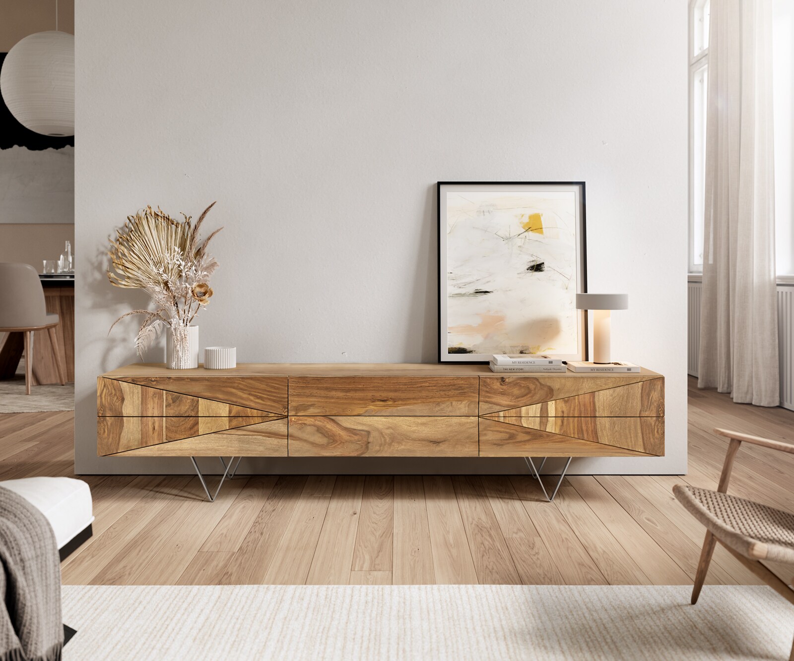 Szafka RTV Wyatt 175 cm sheesham naturalny 2 drzwi 1 klapa