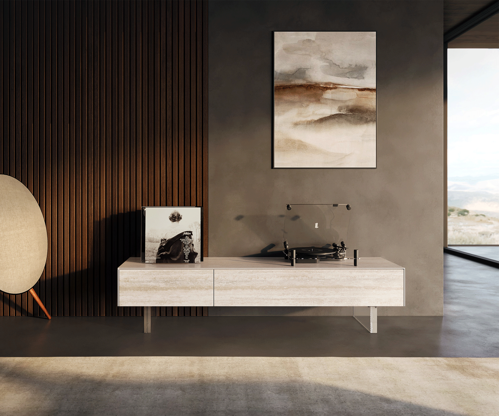 Szafka RTV Cuor 150 cm ceramika Laminam® Travertino Bianco kremowo-biała 1 klapa 1 szuflada nóżki akrylowe 1