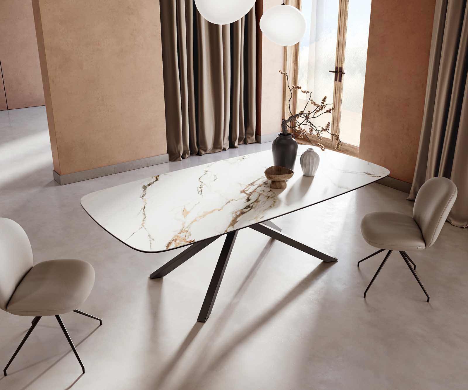 Stół do jadalni Edge kształt beczki 240x120cm ceramika Calacatta Luxe biało-złoto-szary rama Cross czarna 5