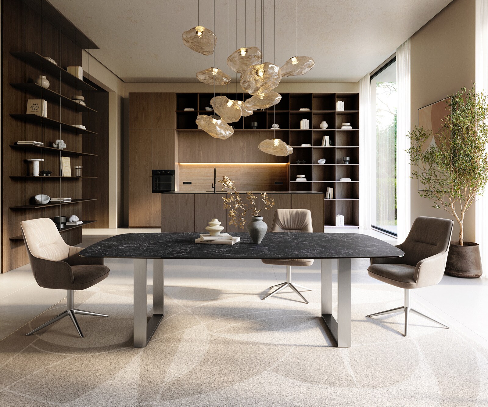 Stół do jadalni Edge w kształcie beczki 240x120 ceramika Laminam® Nero Greco antracytowa rama wąska stal nierdzewna 2