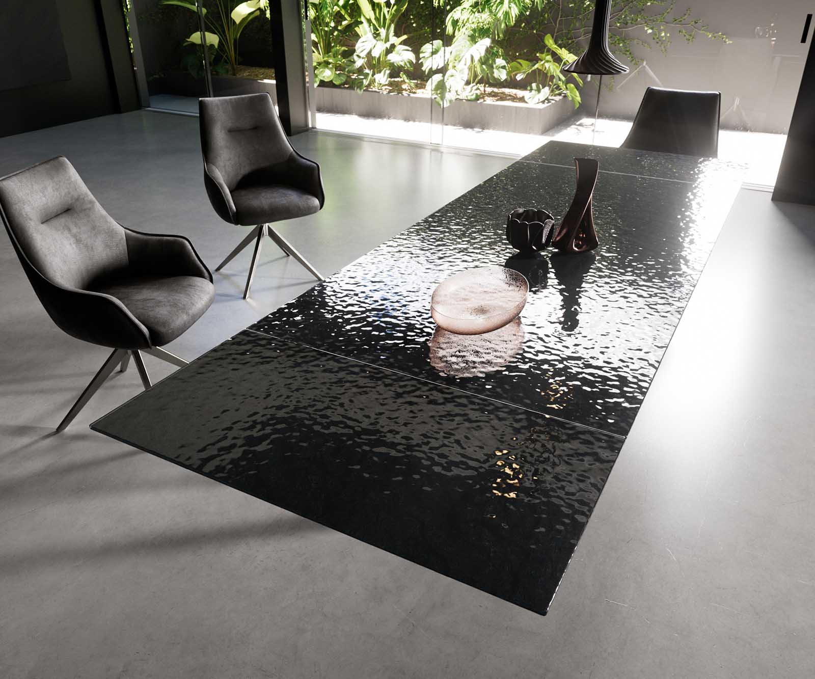 Stół do jadalni Edge 200-300x100 cm szkło reliefowe czarne efekt 3D rama Cross czarna rozkładany 6
