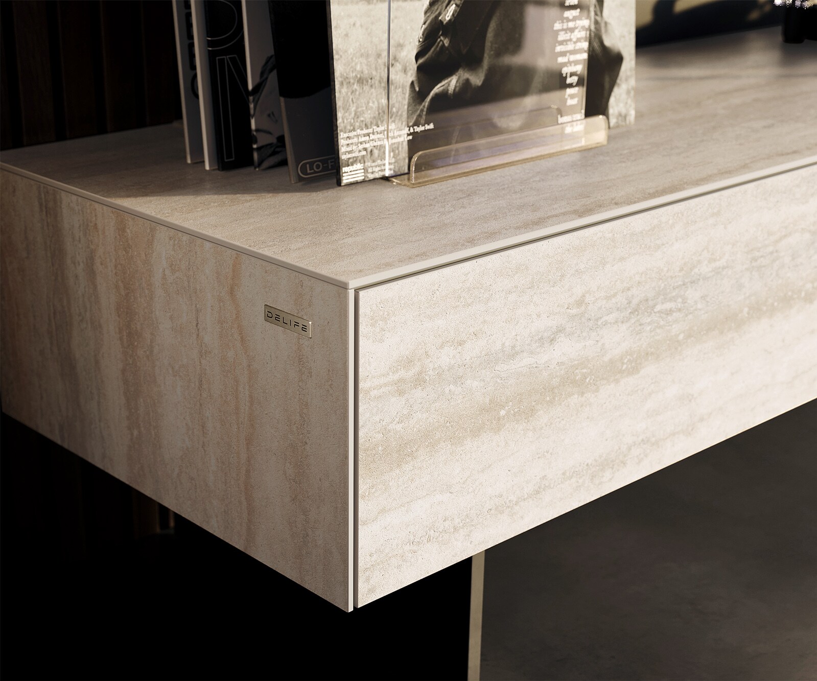 Szafka RTV Cuor 150 cm ceramika Laminam® Travertino Bianco kremowo-biała 1 klapa 1 szuflada nóżki wąskie czarny metal 5