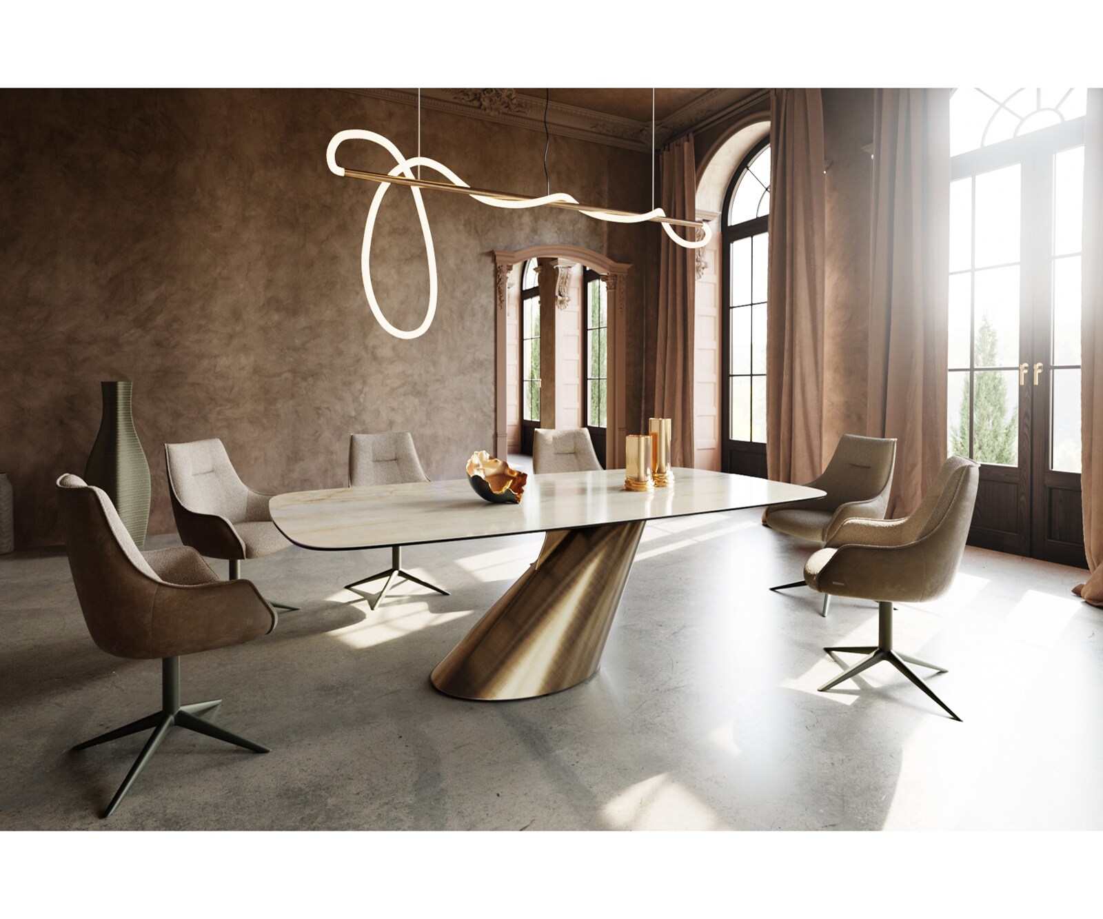 Stół do jadalni Edge w kształcie beczki 240x120cm ceramika Iris FMG Onice Oro rama Cono metaliczny złoty 5