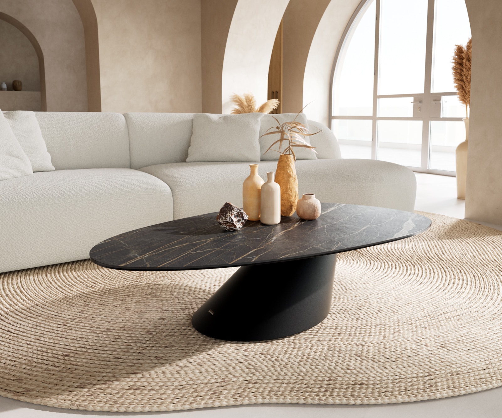 Stolik kawowy Edge owalny 140x75 cm ceramika Laminam® Noir Desir brązowa podstawa Conis metal czarny 1
