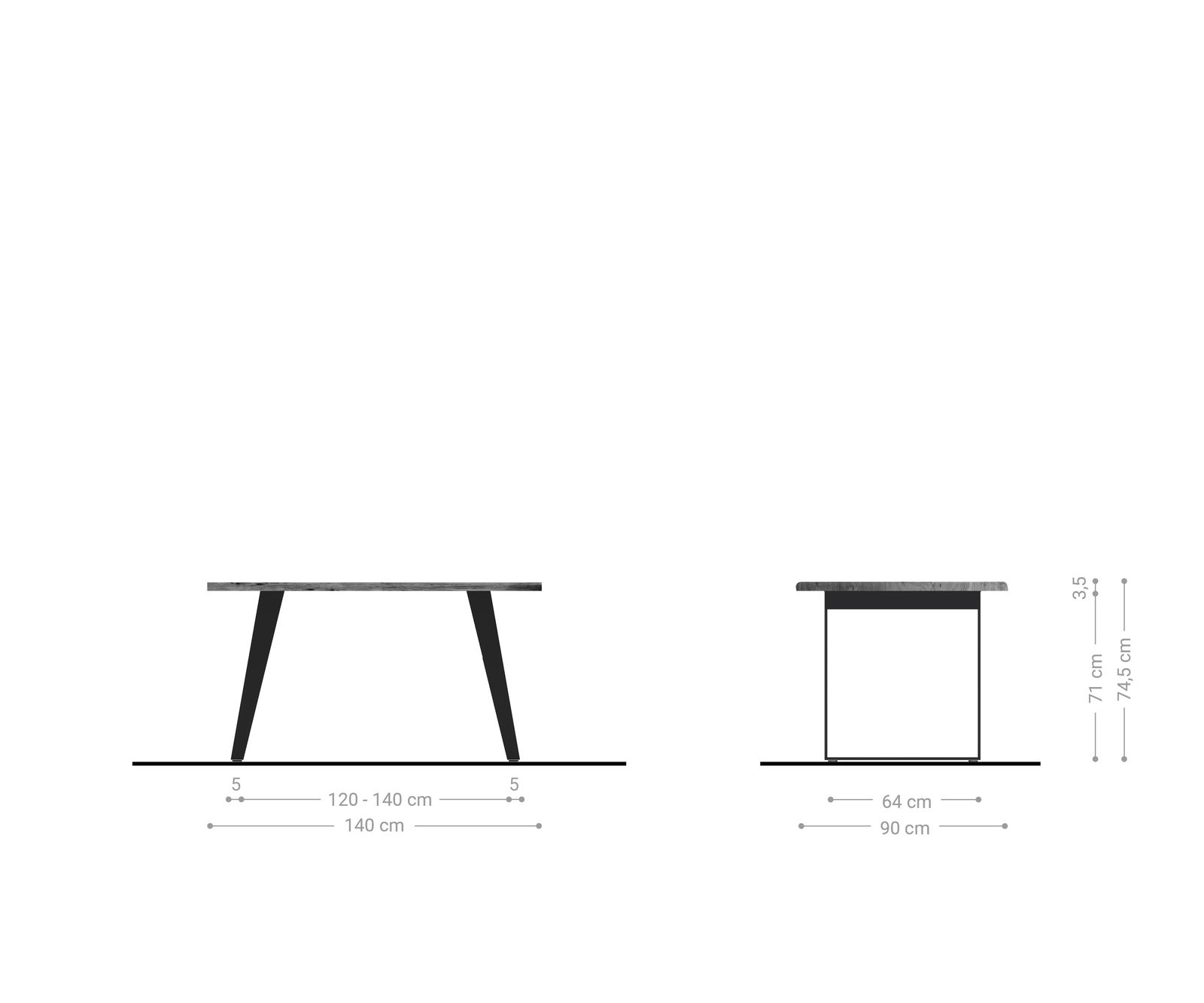 Stół do jadalni Edge 140x90cm akacja naturalna stal nierdzewna srebrna pochylona rama live-edge 5