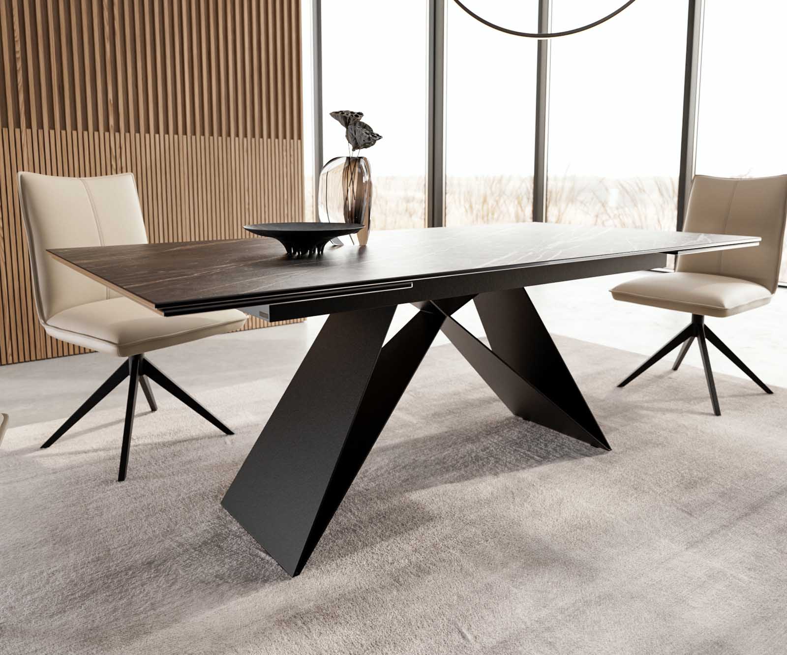 Stół do jadalni Edge 200-300x100 cm ceramika Laminam® Noir Desir brązowy rama V metal czarna rozkładany 5