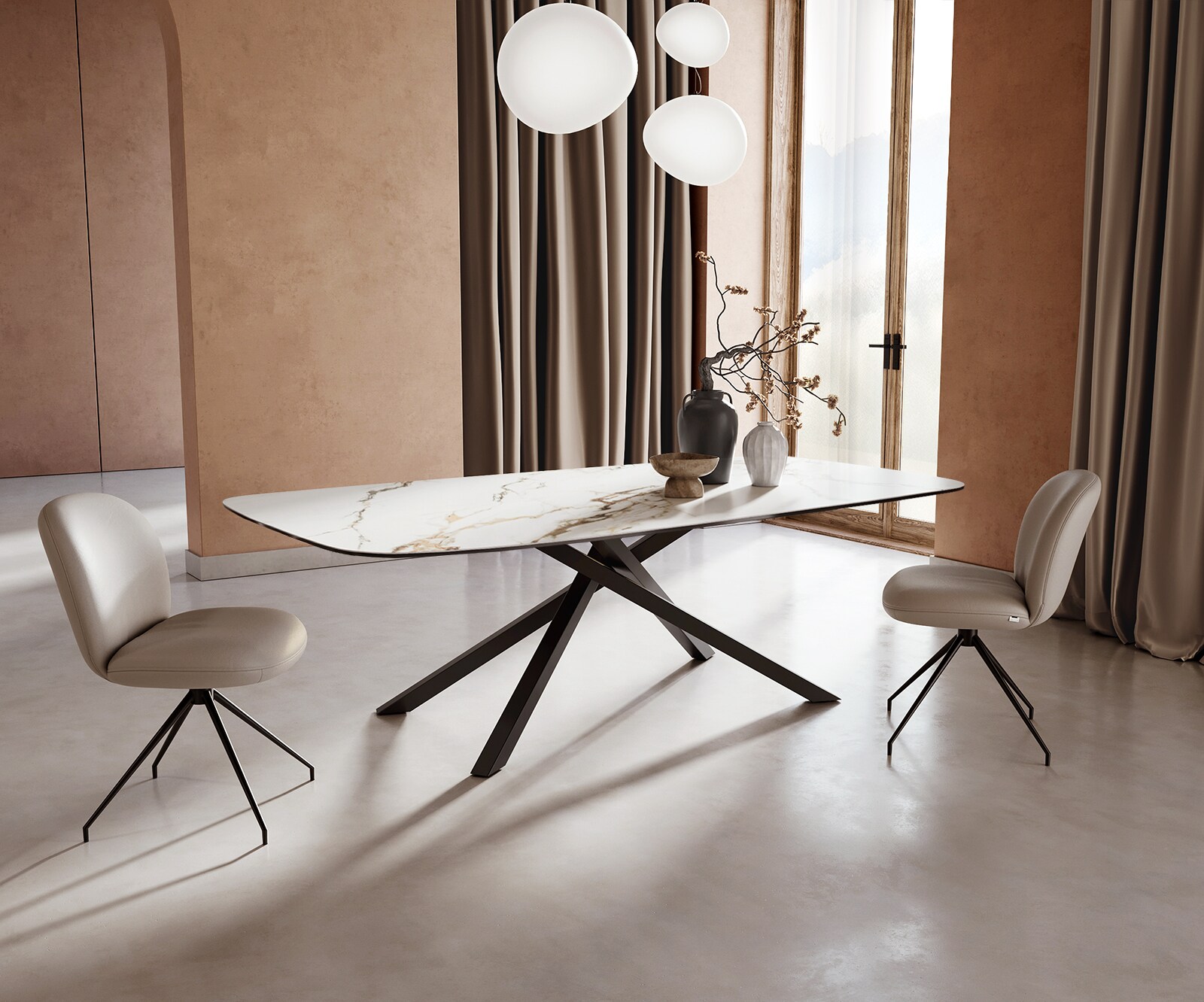 Stół do jadalni Edge kształt beczki 240x120cm ceramika Calacatta Luxe biało-złoto-szary rama Cross czarna 2