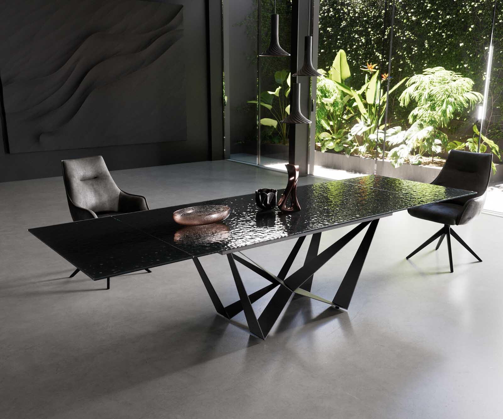 Stół do jadalni Edge 200-300x100 cm szkło reliefowe czarne efekt 3D rama Spider metal czarna rozkładany 1