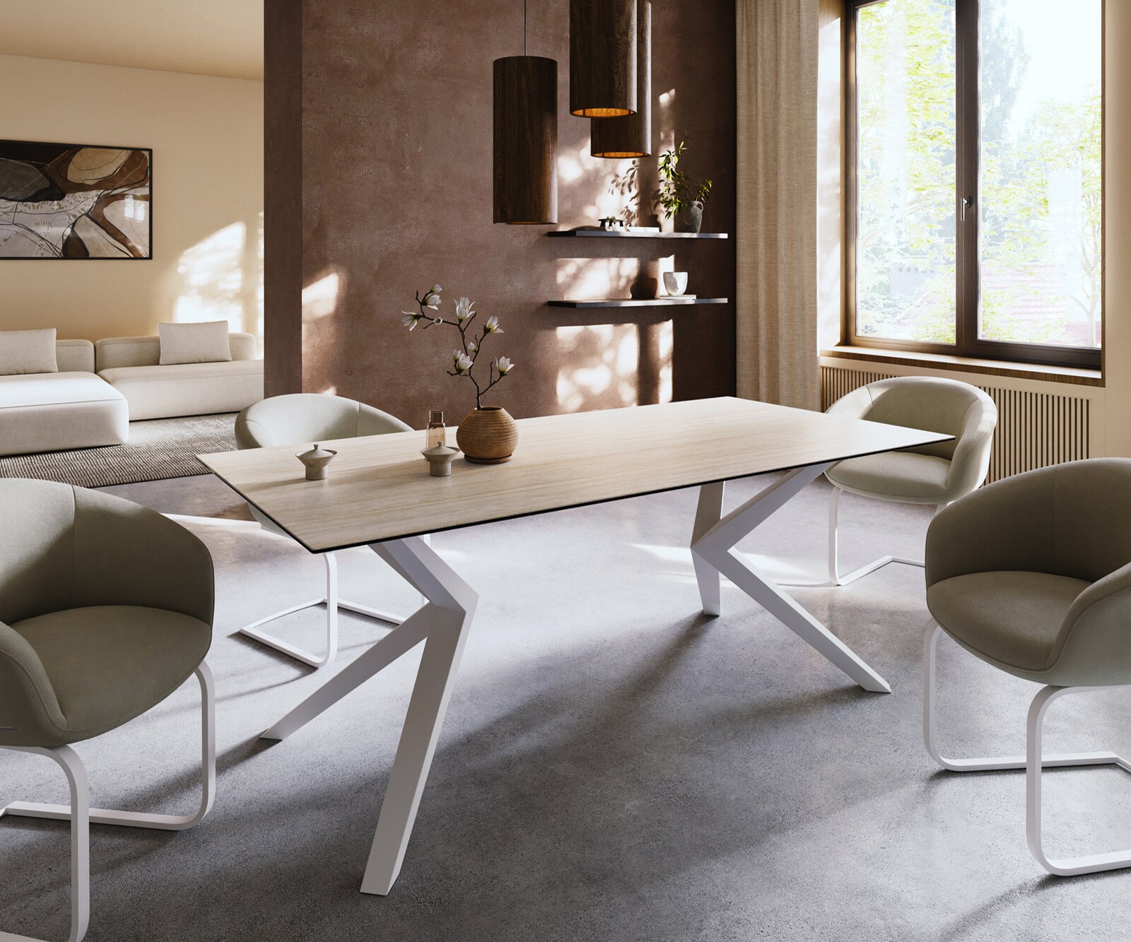 Stół do jadalni Edge 200x100cm ceramika Laminam® Travertino Bianco kremowo-biały rama Zenthara metal biały 1
