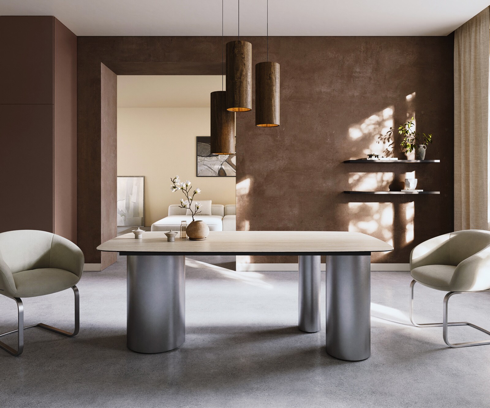 Stół do jadalni Edge w kształcie beczki 200x100cm ceramika Laminam® Travertino Bianco kremowo-biały rama Troa stal nierdzewna szczotkowana 1