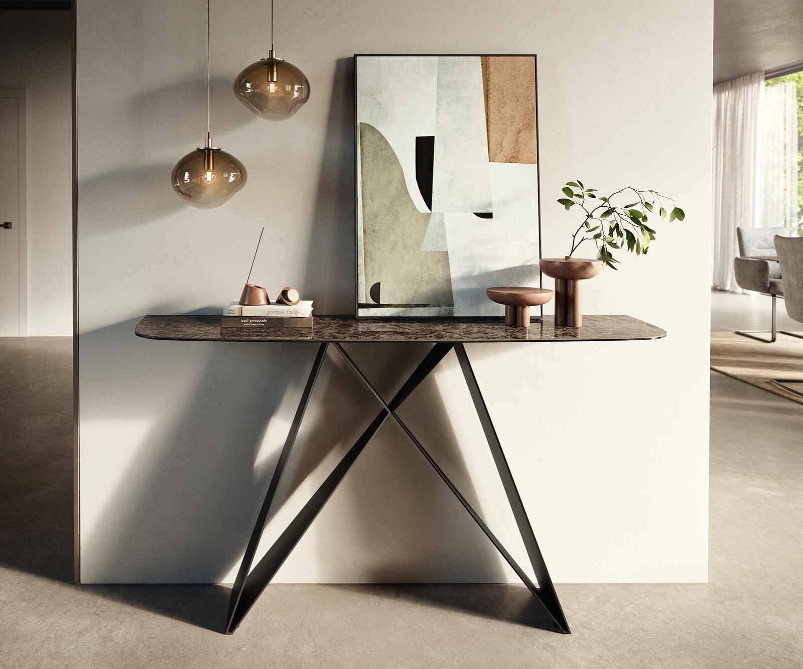 Konsola Edge w kształcie beczki 140x40 cm ceramika Emperador Extra Lucidato ciemnobrązowa podstawa Velio metal czarny 1