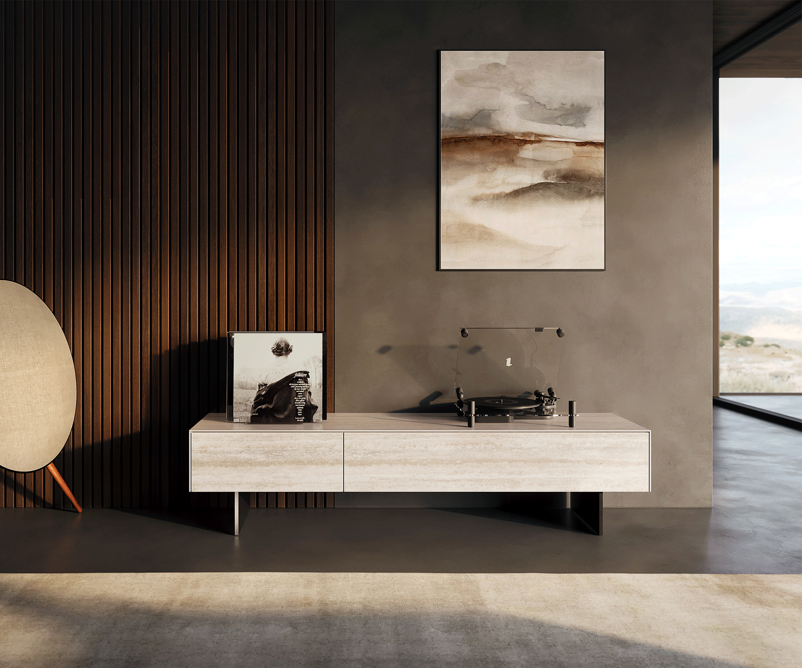 Szafka RTV Cuor 150 cm ceramika Laminam® Travertino Bianco kremowo-biała 1 klapa 1 szuflada nóżki wąskie czarny metal 1