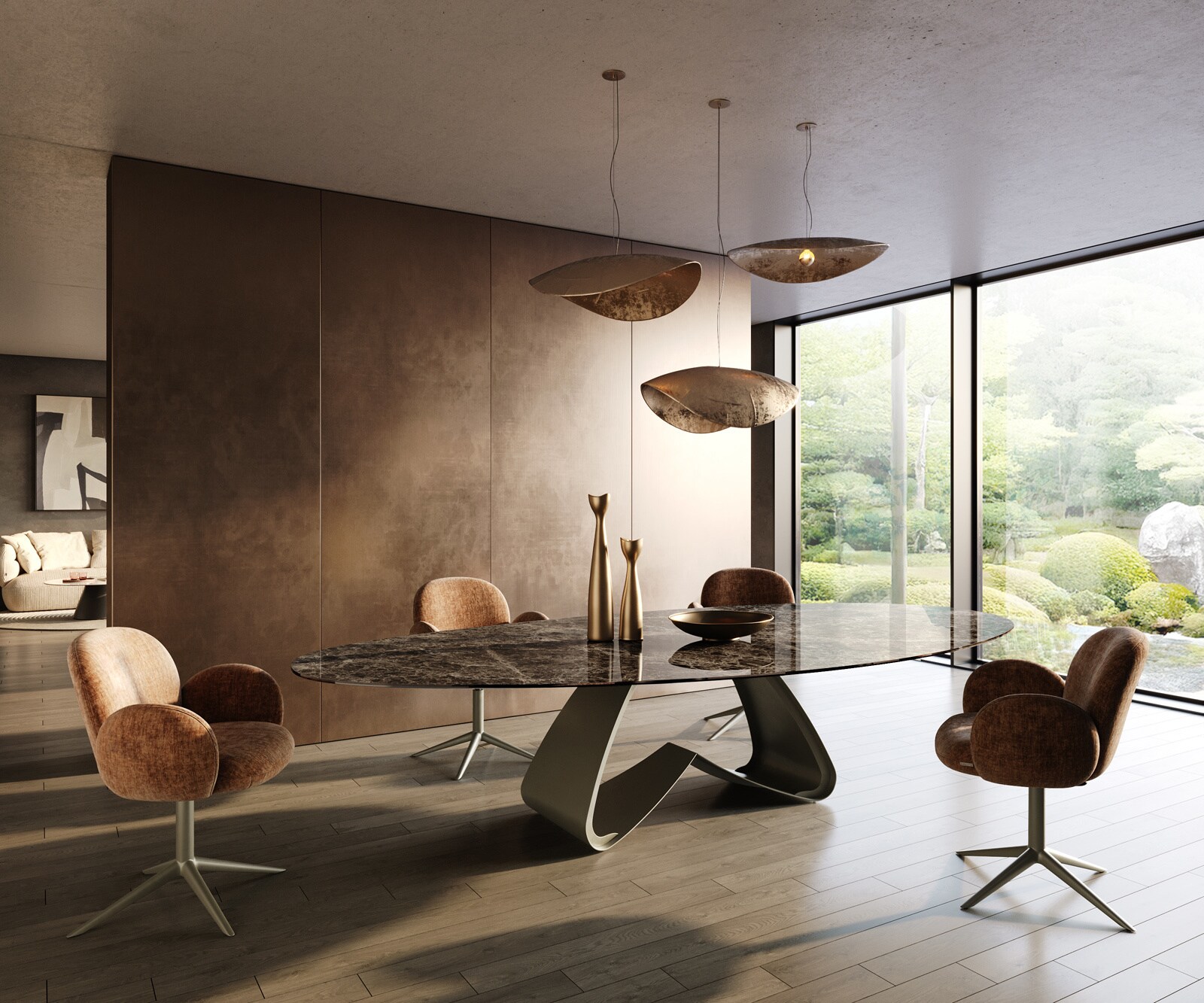 Stół do jadalni Edge owalny 315x150 cm ceramika Emperador Extra Lucidato ciemnobrązowa rama typu W metal w kolorze tytanu 5
