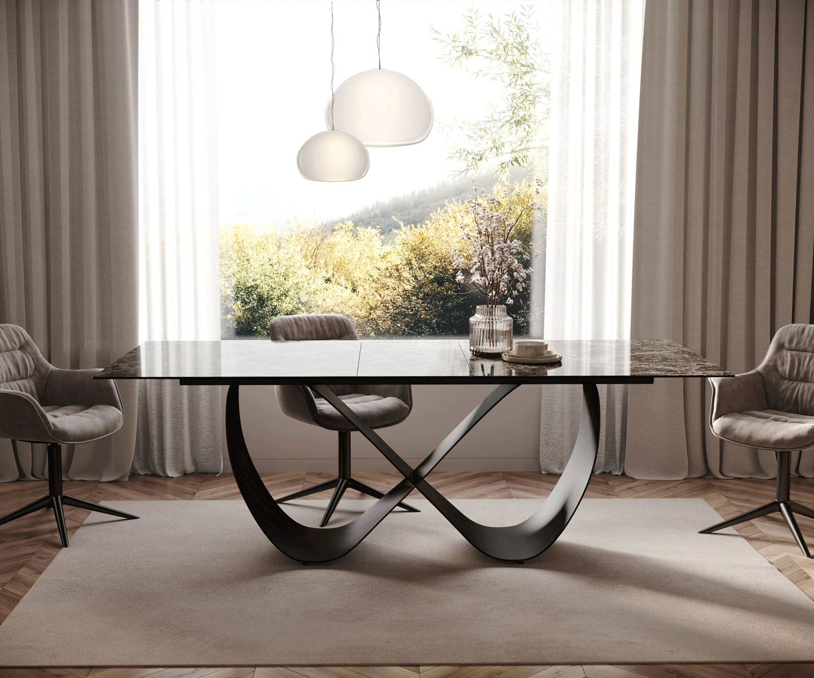 Stół do jadalni Edge 180-220x100cm ceramika Laminam® Emperador Extra Lucidato ciemnobrązowy rama Infinity metal czarny rozkładany 1