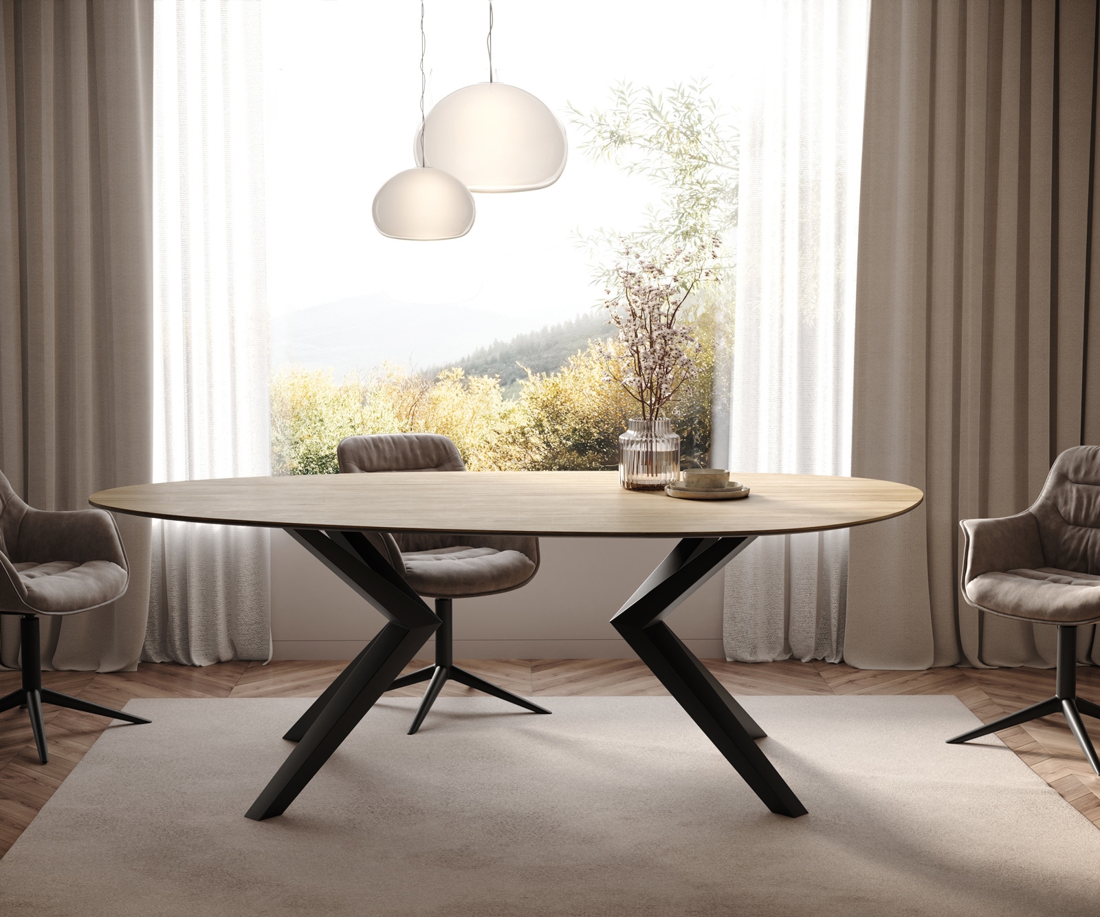 Stół do jadalni Edge owalny 220x120cm ceramika Laminam® Sabbia kolor dębowy rama Zenthara metal czarny 1
