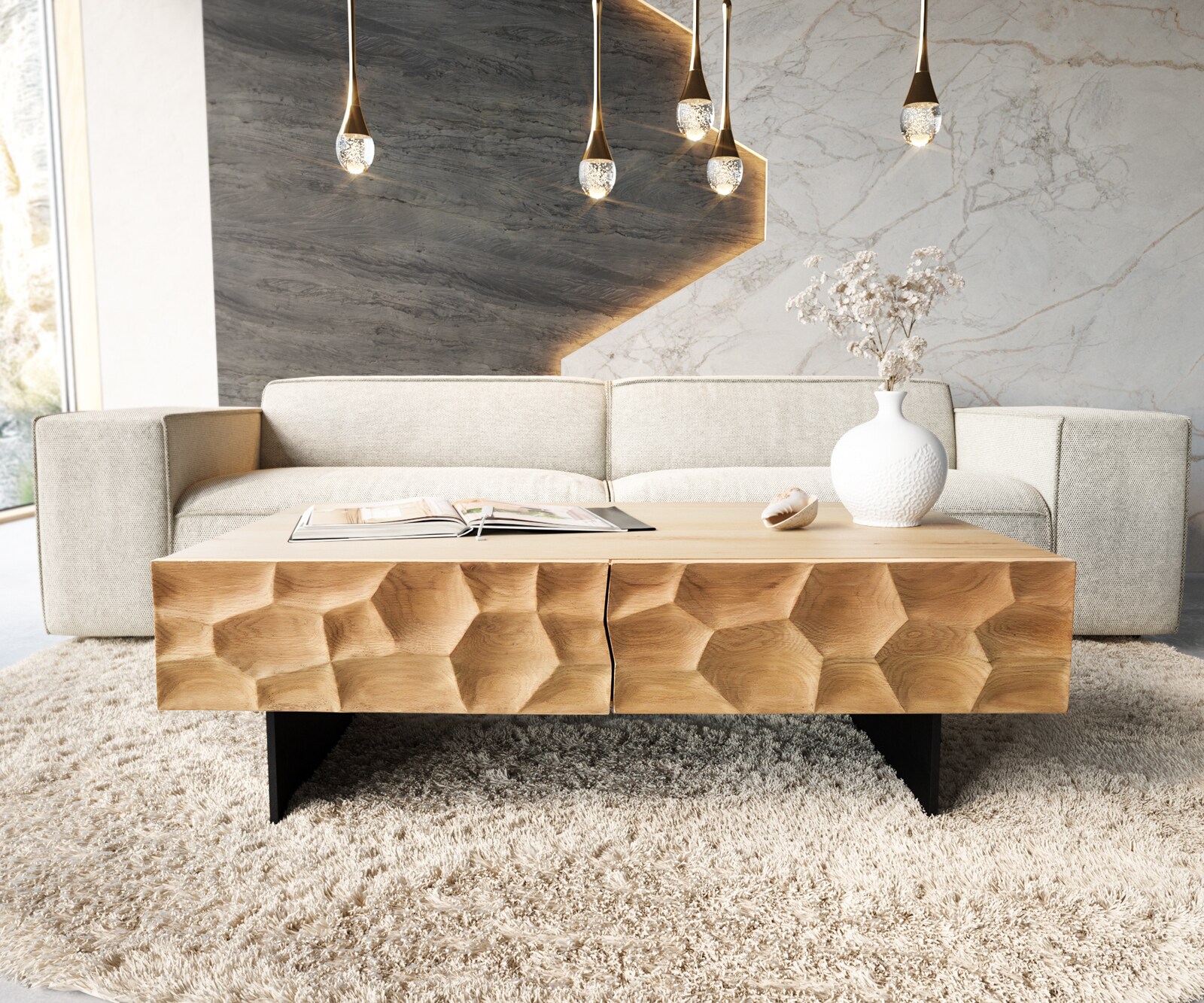 Stolik kawowy Solu stolik kawowy 120x70 cm dąb naturalny 4 szuflady nóżki wąskie czarny metal front 3D 1