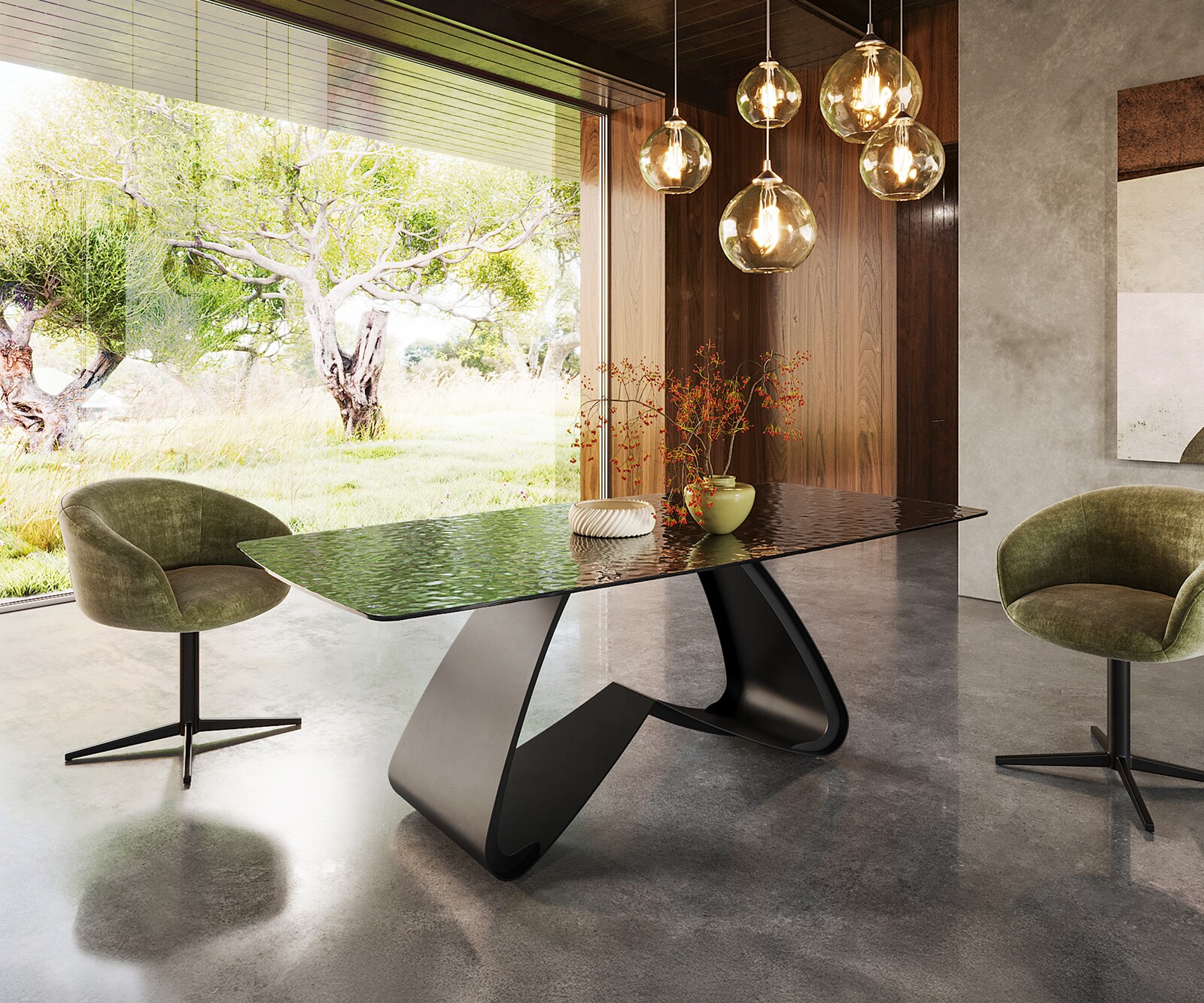 Stół do jadalni Edge w kształcie beczki 200x100cm szkło reliefowe dymione czarne efekt 3D rama W metal czarny 3