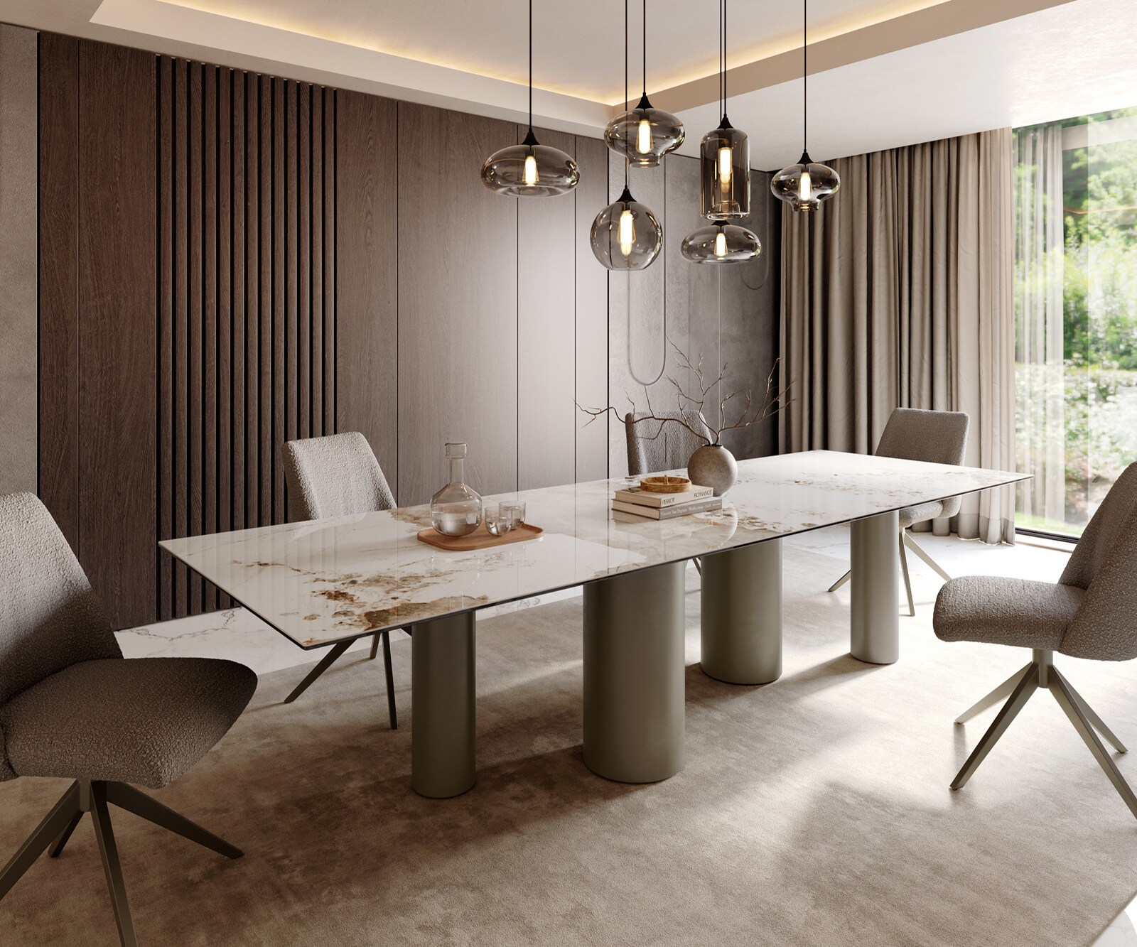 Stół do jadalni Edge 300x100cm ceramika Minas Melange biało-beżowy rama Pilier metal kolor tytanowy 1