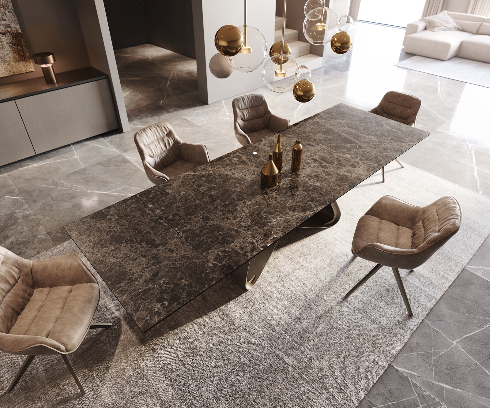 Stół do jadalni Edge 200-300x100 cm ceramika Emperador Extra Lucidato ciemnobrązowy rama W kolor tytanowy rozkładany 3