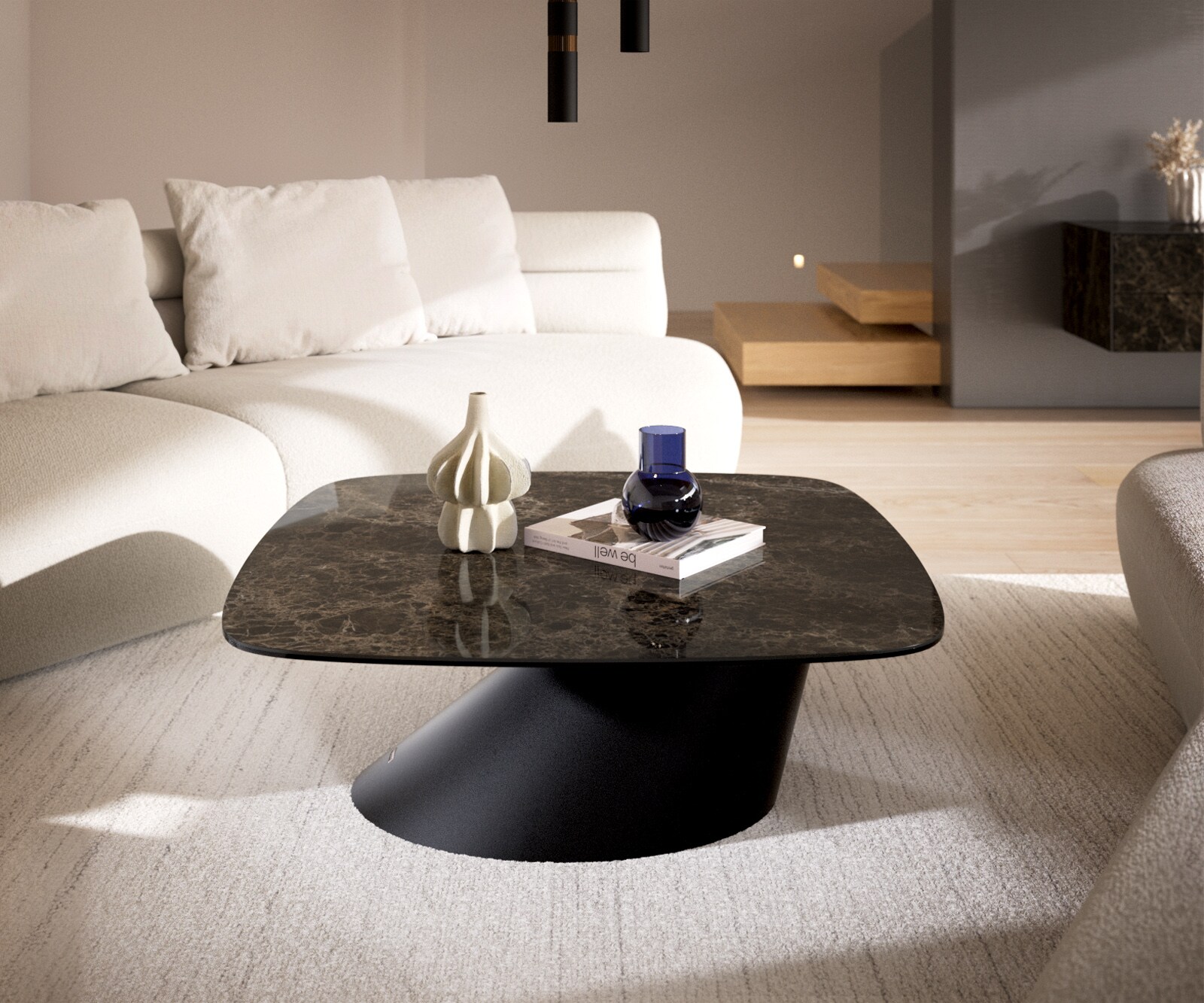 Stolik kawowy Edge w kształcie beczki 90x90 cm ceramika Laminam® Emperador Extra Lucidato ciemnobrązowy Conis czarny metal 2