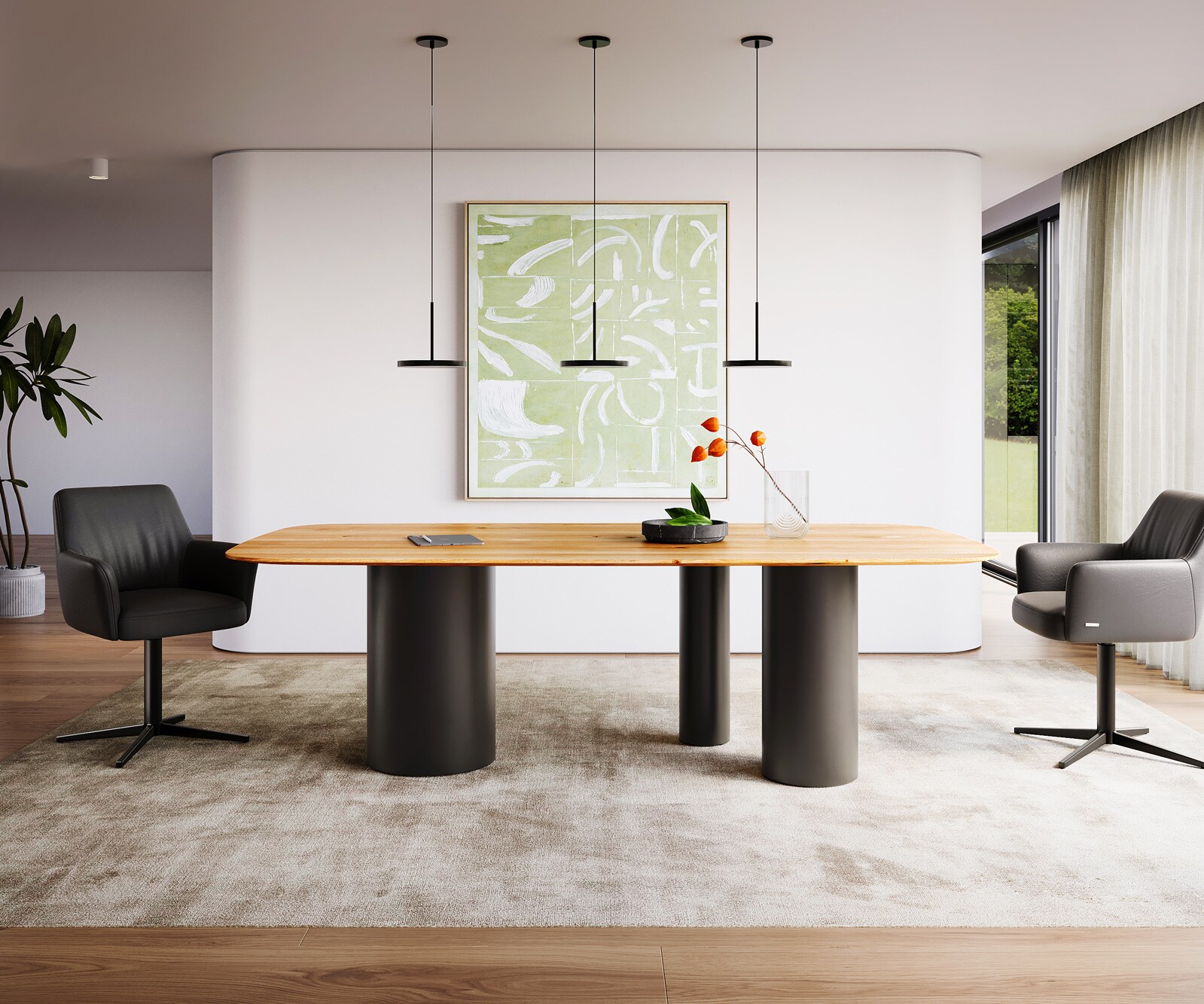 Stół do jadalni Edge kształt beczki 240x120x2,5-3cm dąb naturalny rama Troa metal czarny krawędź szwajcarska 1