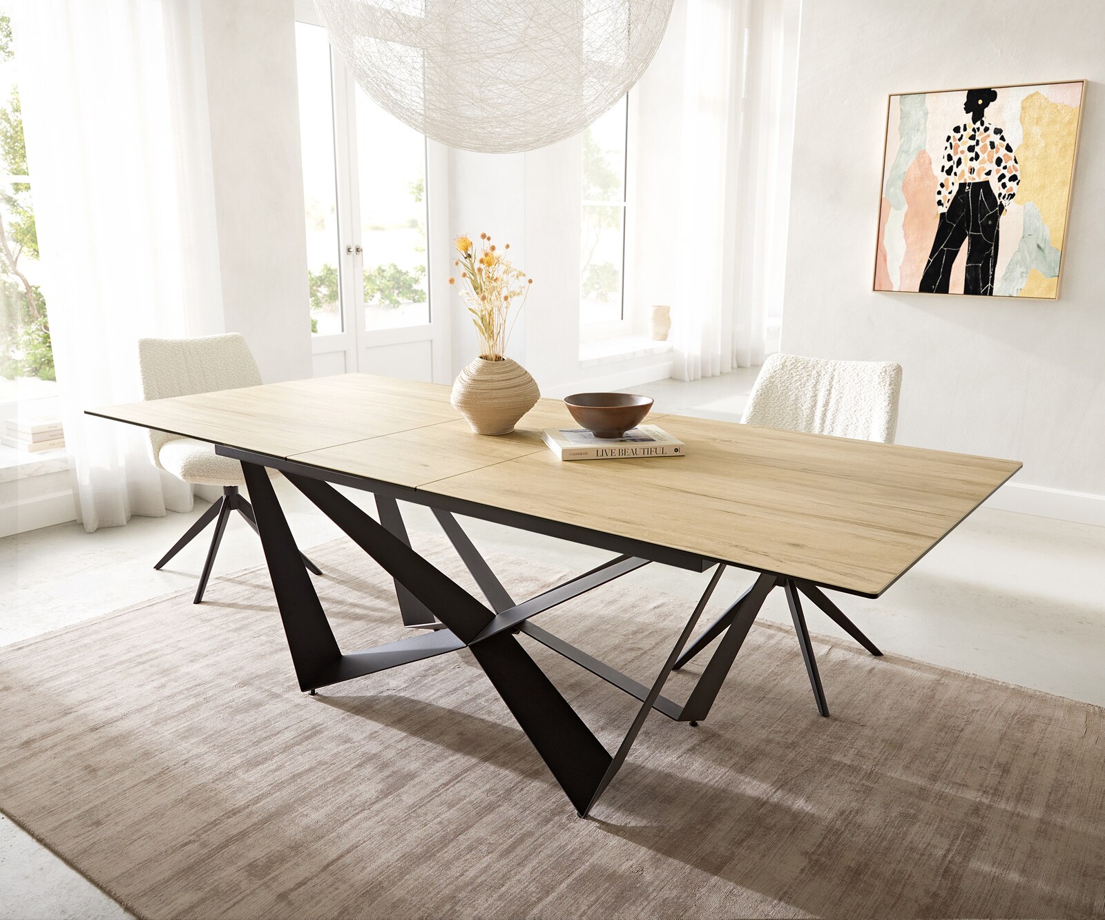 Stół do jadalni Edge 180-220x100 cm ceramika Laminam® Sabbia kolor dębu rama Spider metal czarna rozkładany 2