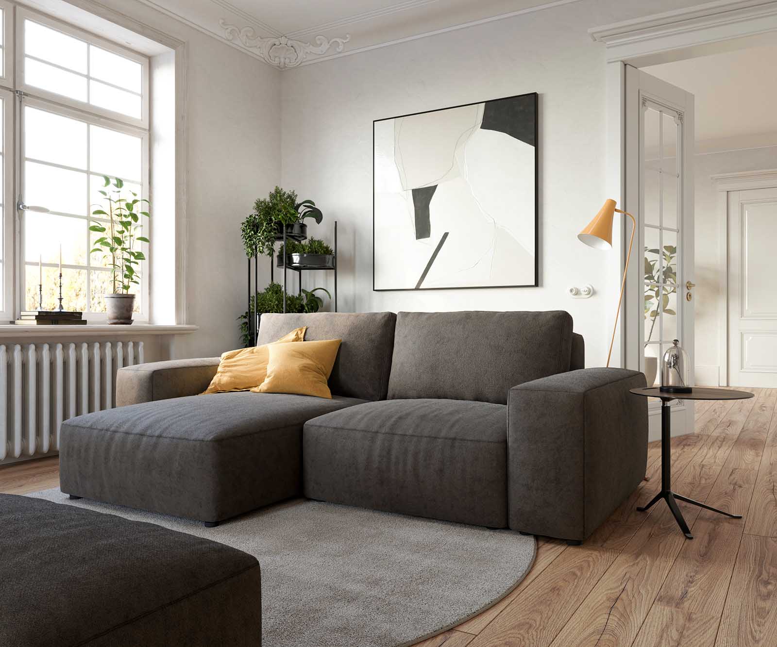 Sofa narożna Lanzo L 260x160 cm mikrofibra khaki brązowa szezlong z możliwością obustronnego montażu z pufem