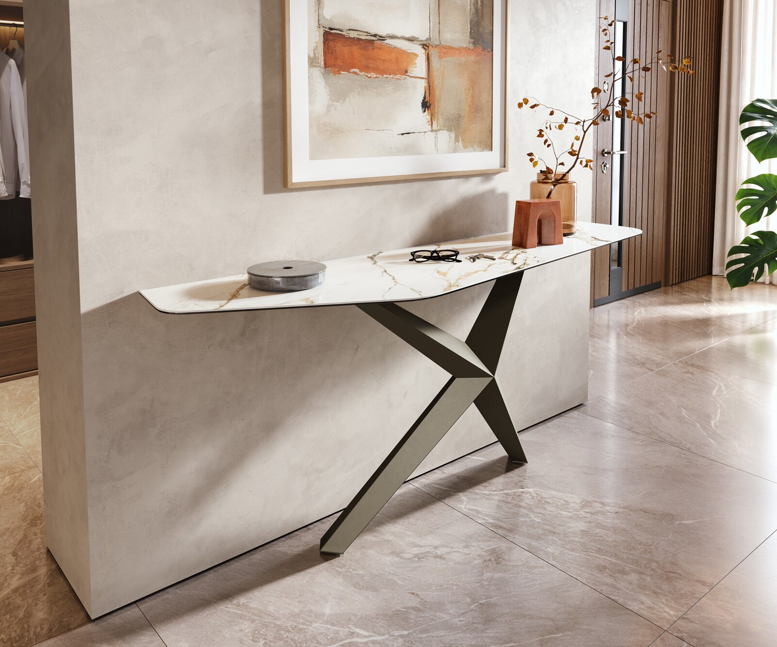 Konsola Edge wielokątna 180x50 cm ceramika Calacatta Luxe biało-złoto-szara podstawa Zentharo metal w kolorze tytanu 4