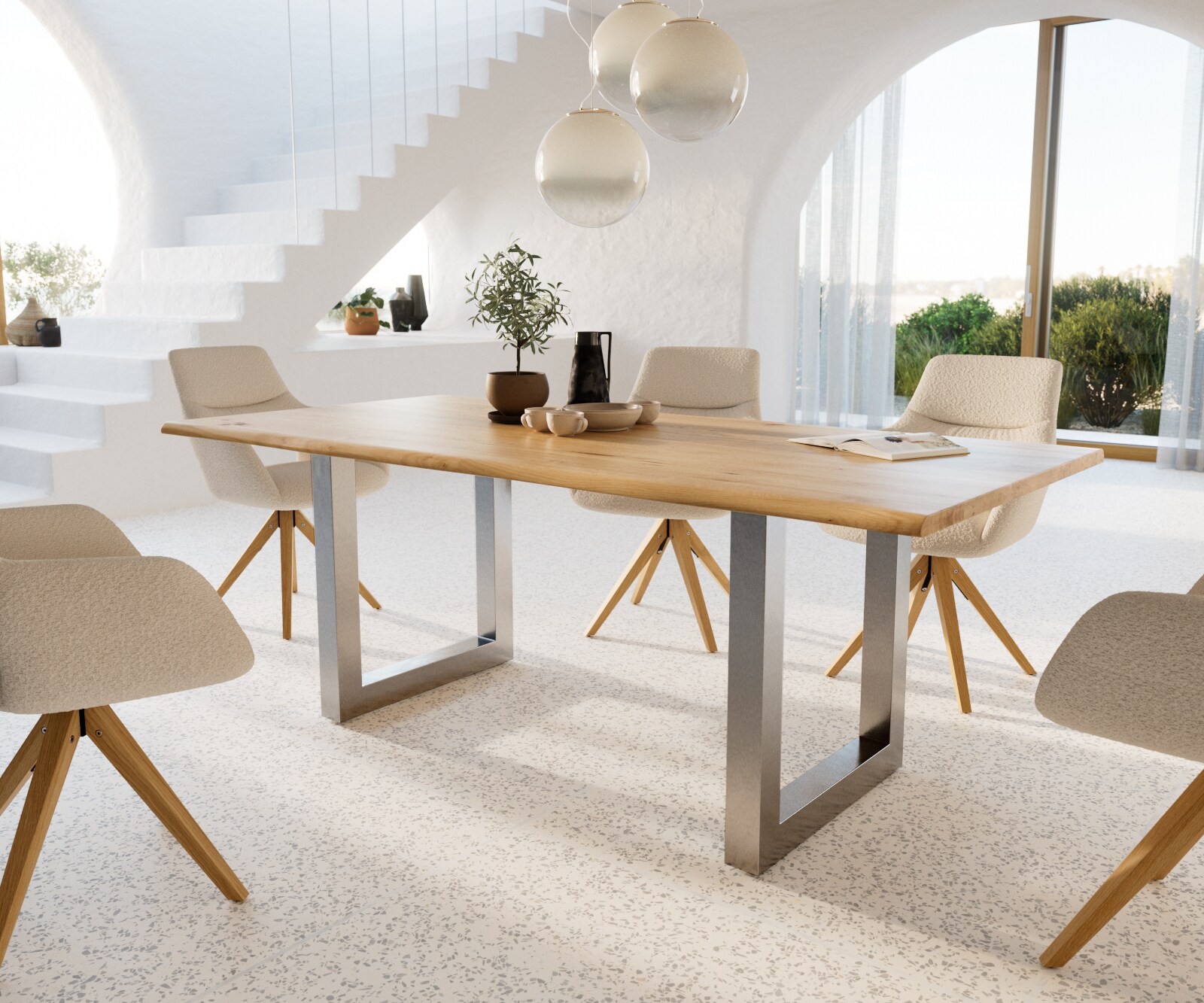 Stół do jadalni Edge 200x100x2,5-3 cm dąb naturalny stal nierdzewna szeroka rama live-edge