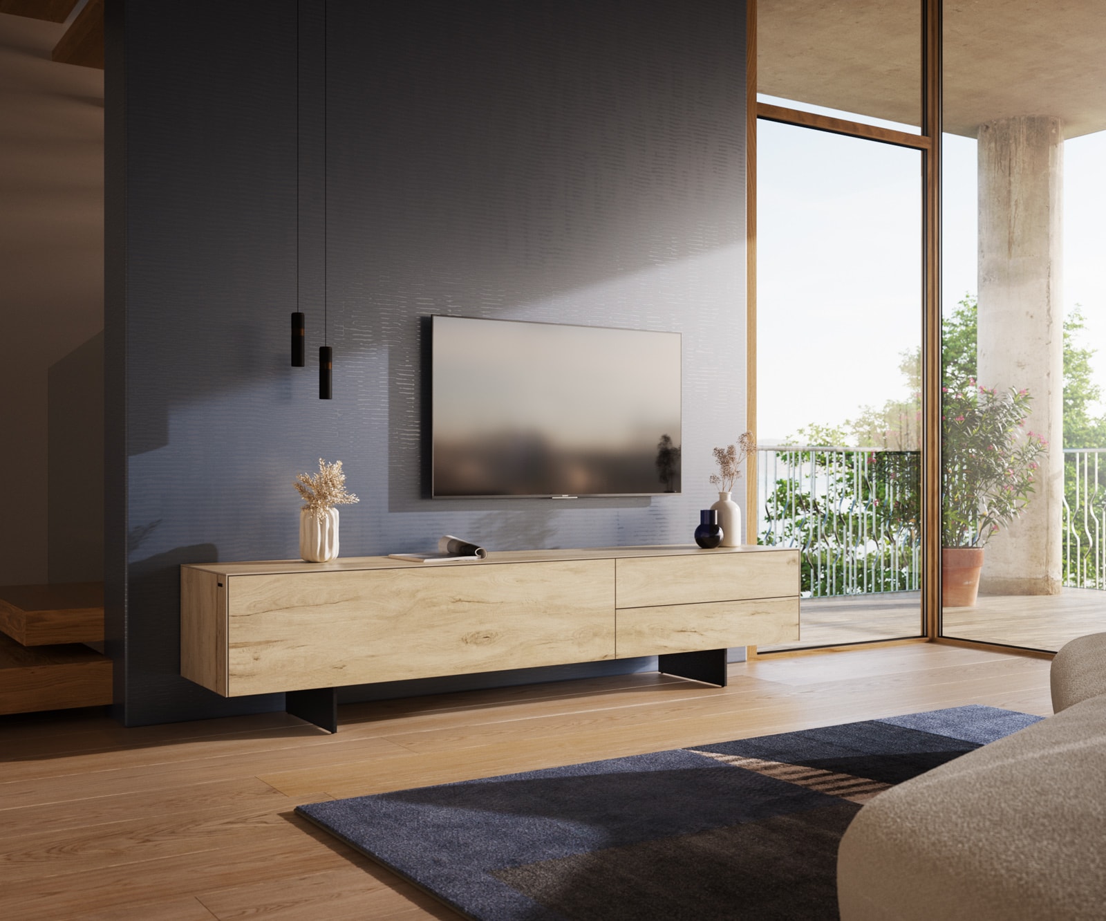 Szafka RTV Cuor 220 cm ceramika Laminam® Sabbia (kolor dębu) 1 klapa 2 szuflady nóżki wąskie czarny metal 1