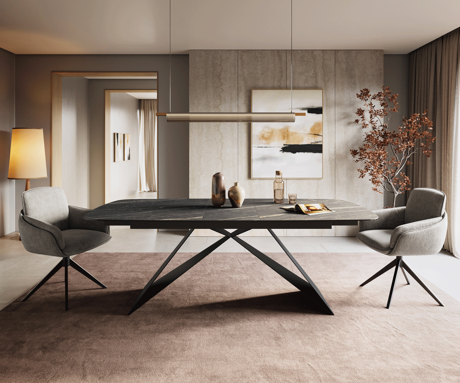 Stół do jadalni Edge w kształcie beczki 180-220x100 cm Laminam® ceramika Noir Desir Braun rama typu V metal czarny rozkładany 2